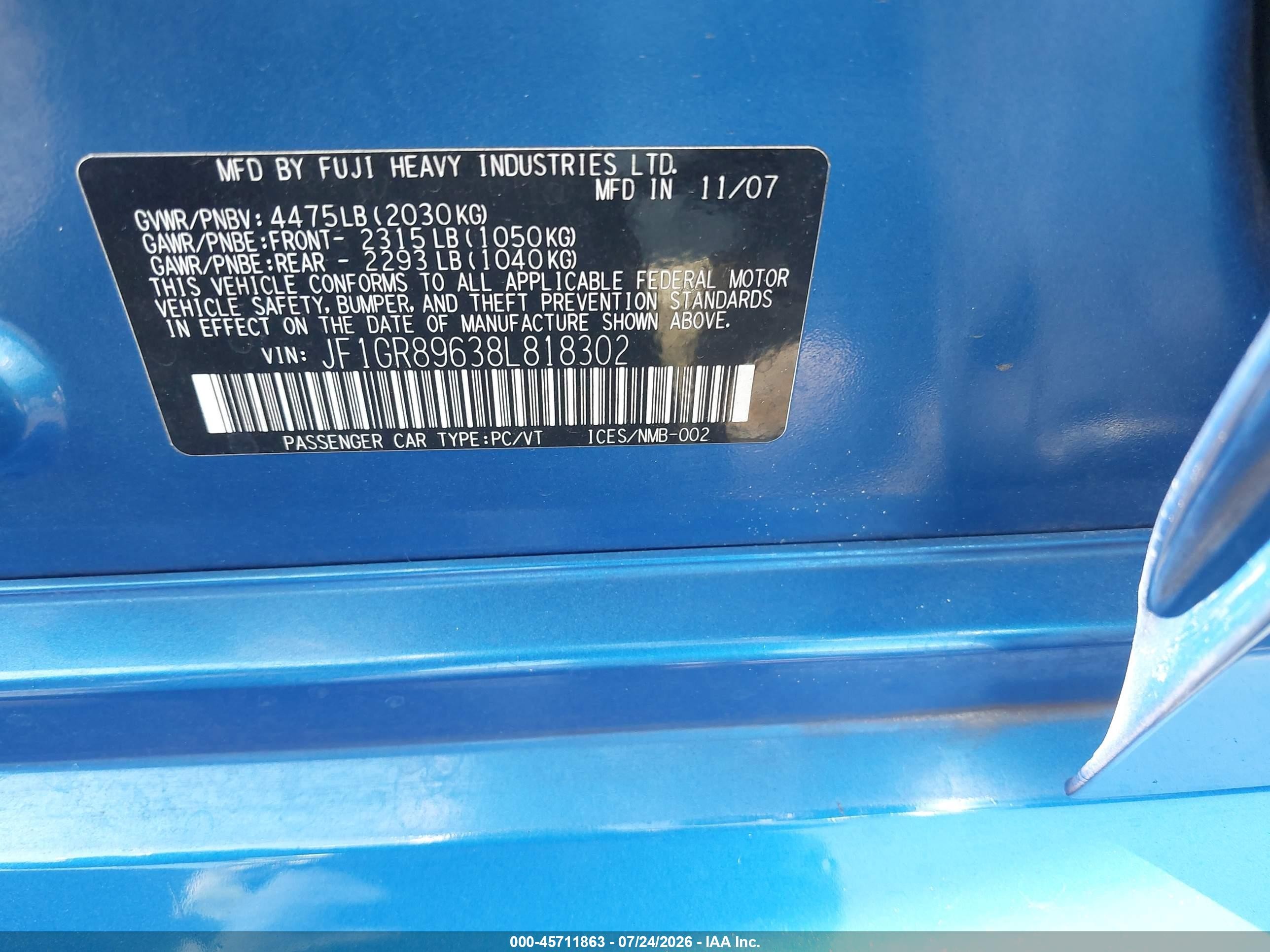 2008 Subaru Impreza Wrx Sti   Blue vin: JF1GR89638L818302