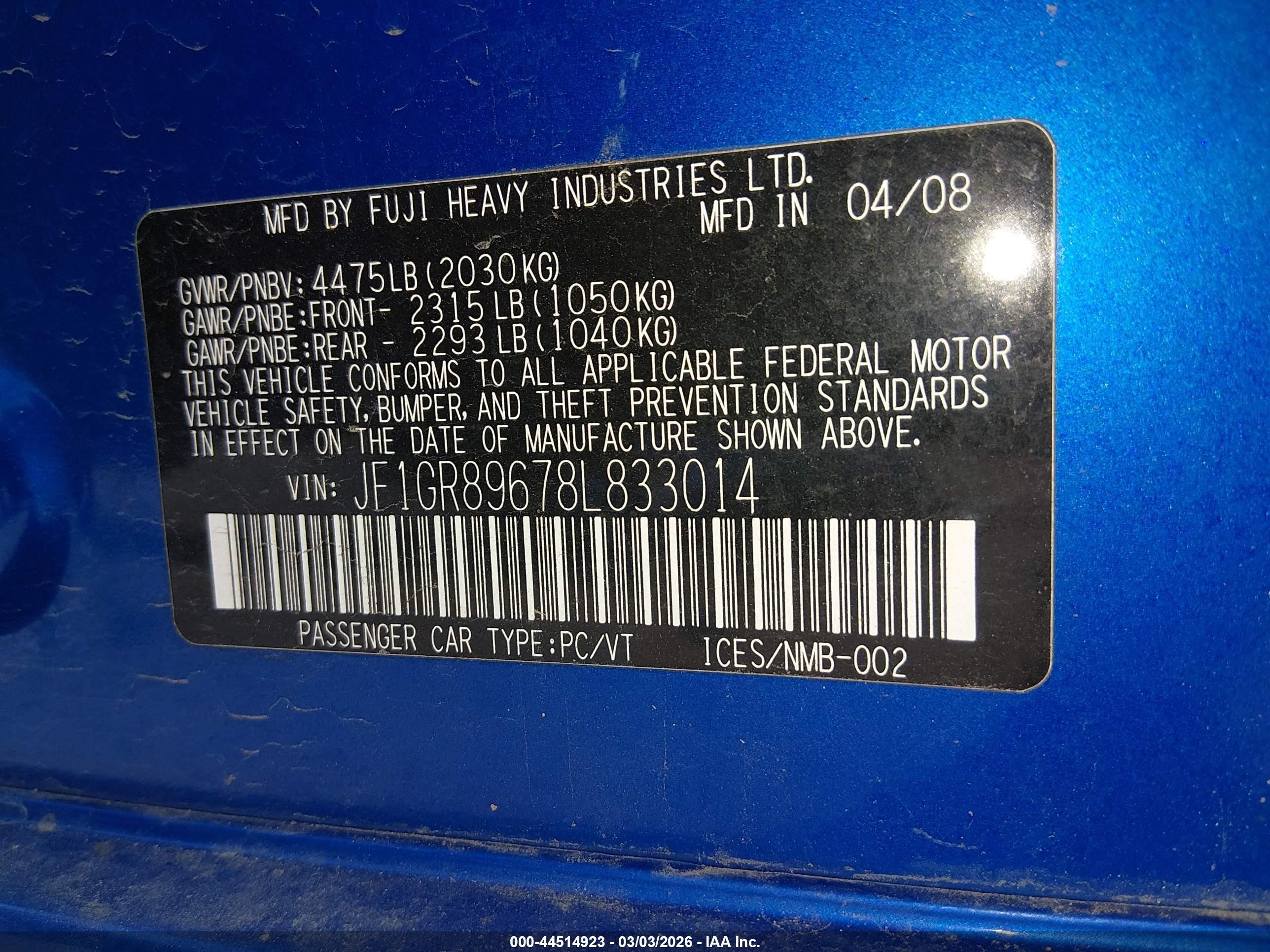 2008 Subaru Impreza Wrx Sti   Blue vin: JF1GR89678L833014