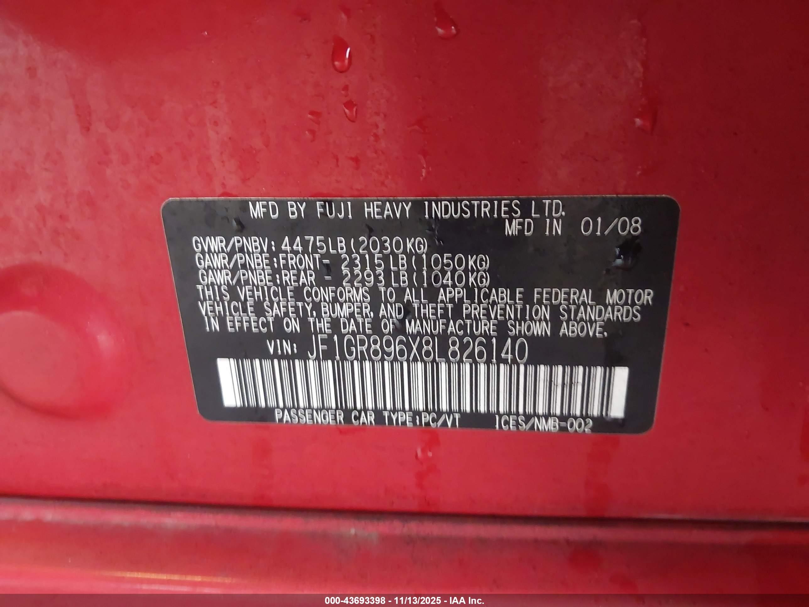 2008 Subaru Impreza Wrx Sti   Red vin: JF1GR896X8L826140