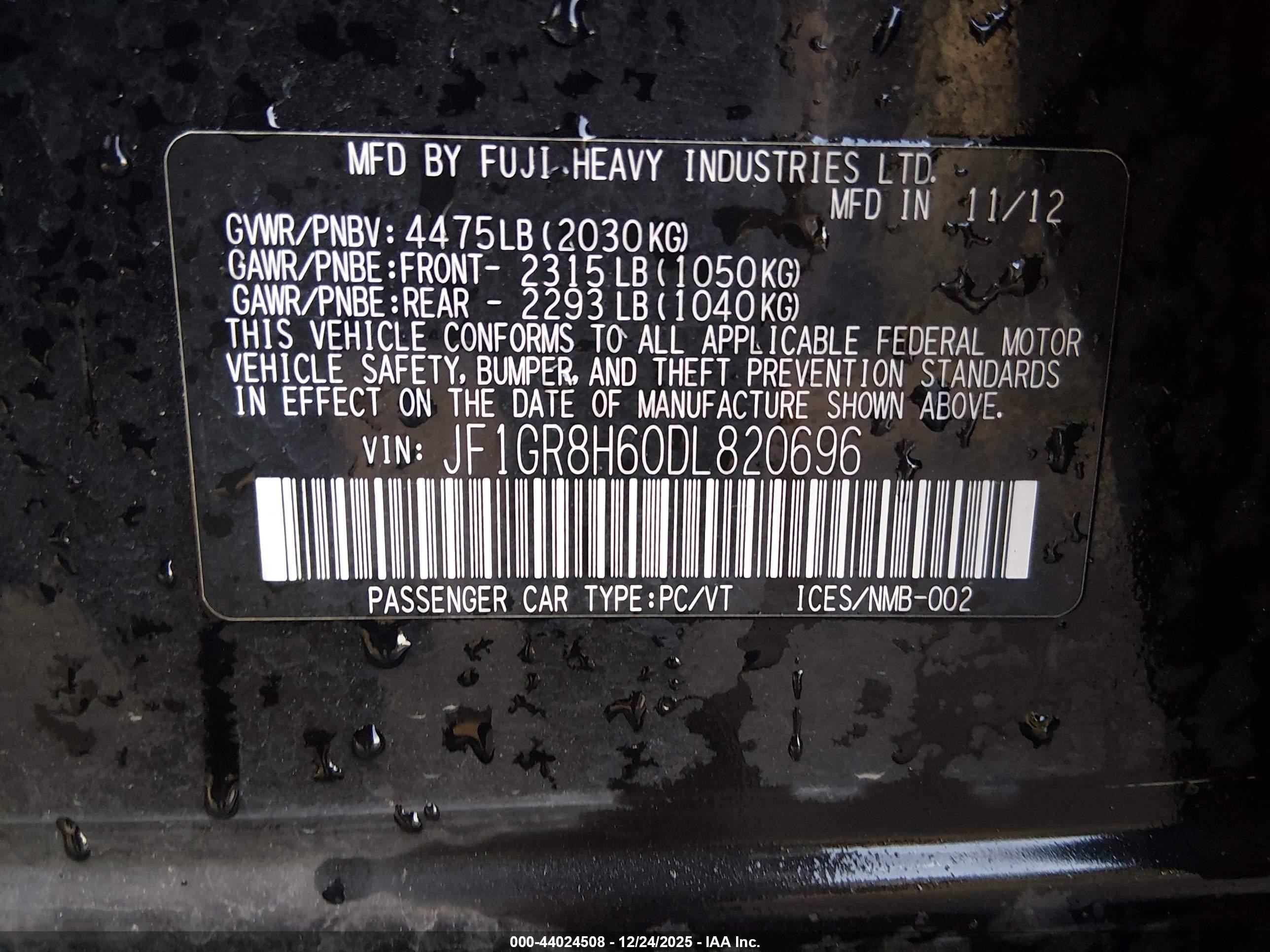 2013 Subaru Impreza Wrx Sti Black vin: JF1GR8H60DL820696