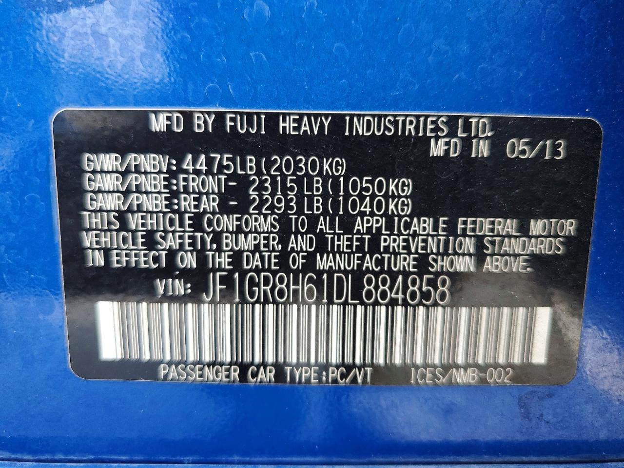 2013 Subaru Impreza Wrx Sti Blue vin: JF1GR8H61DL884858