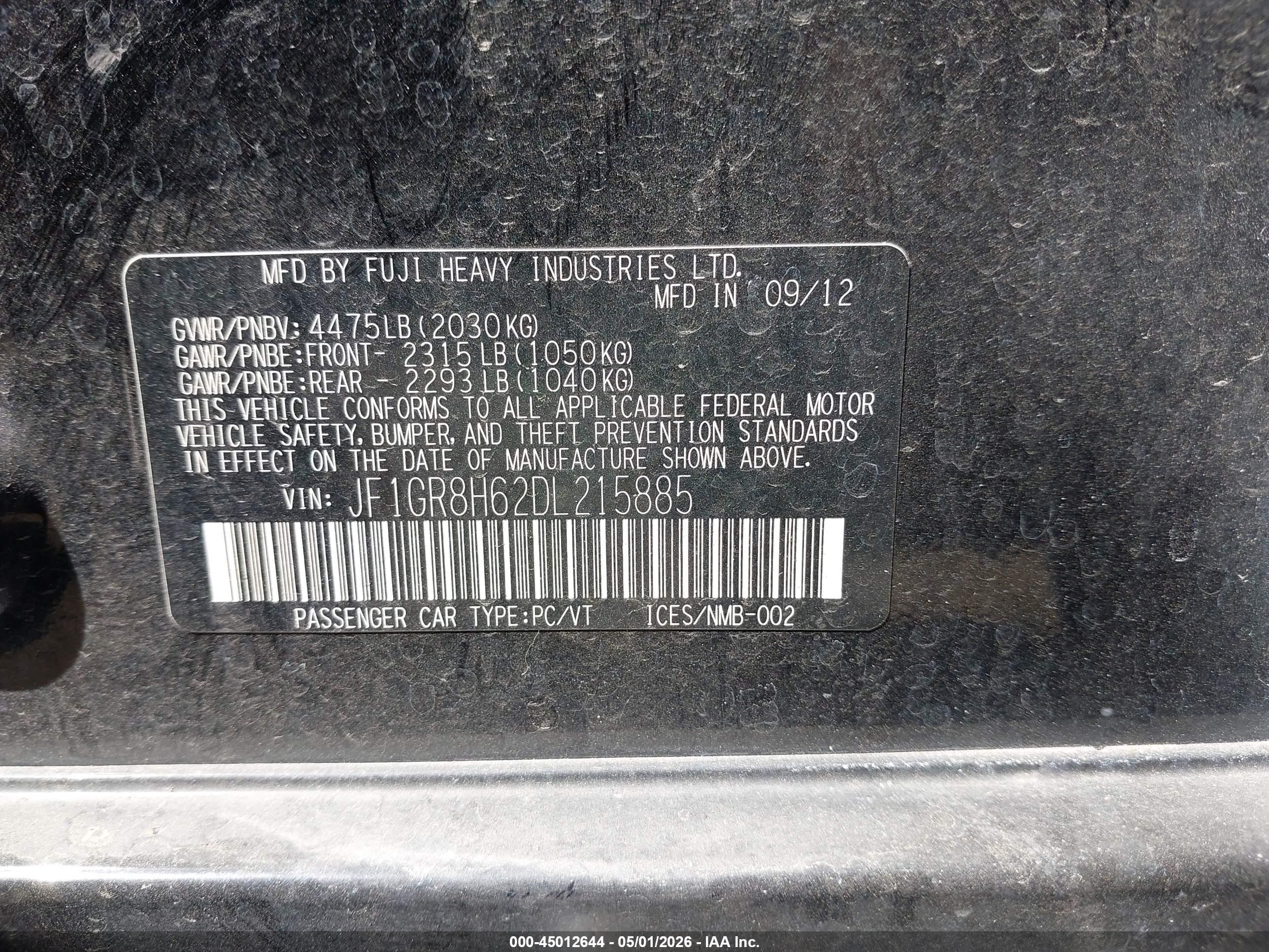 2013 Subaru Impreza Wrx Sti Черный vin: JF1GR8H62DL215885