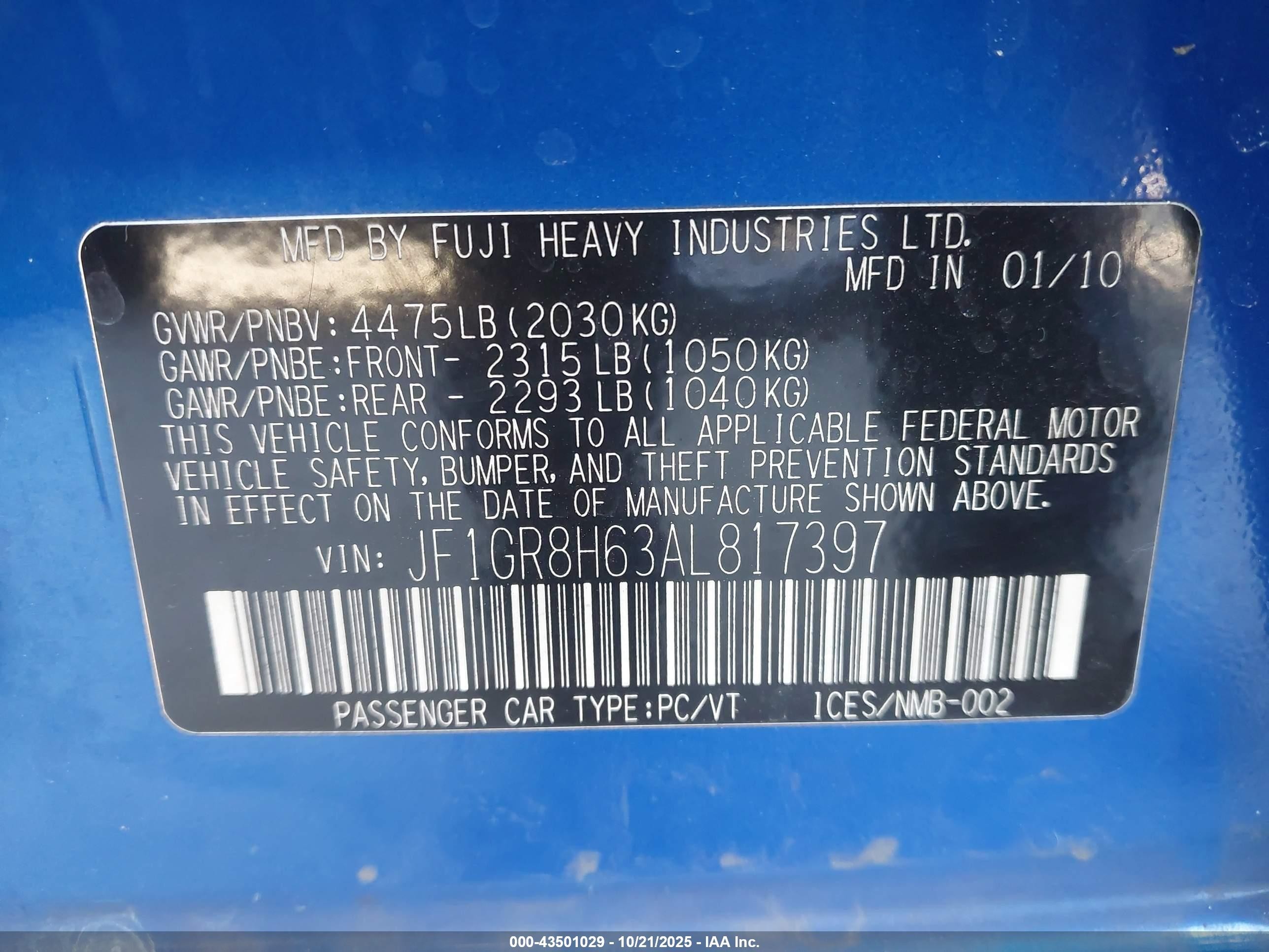 2010 Subaru Impreza Wrx Sti   Blue vin: JF1GR8H63AL817397