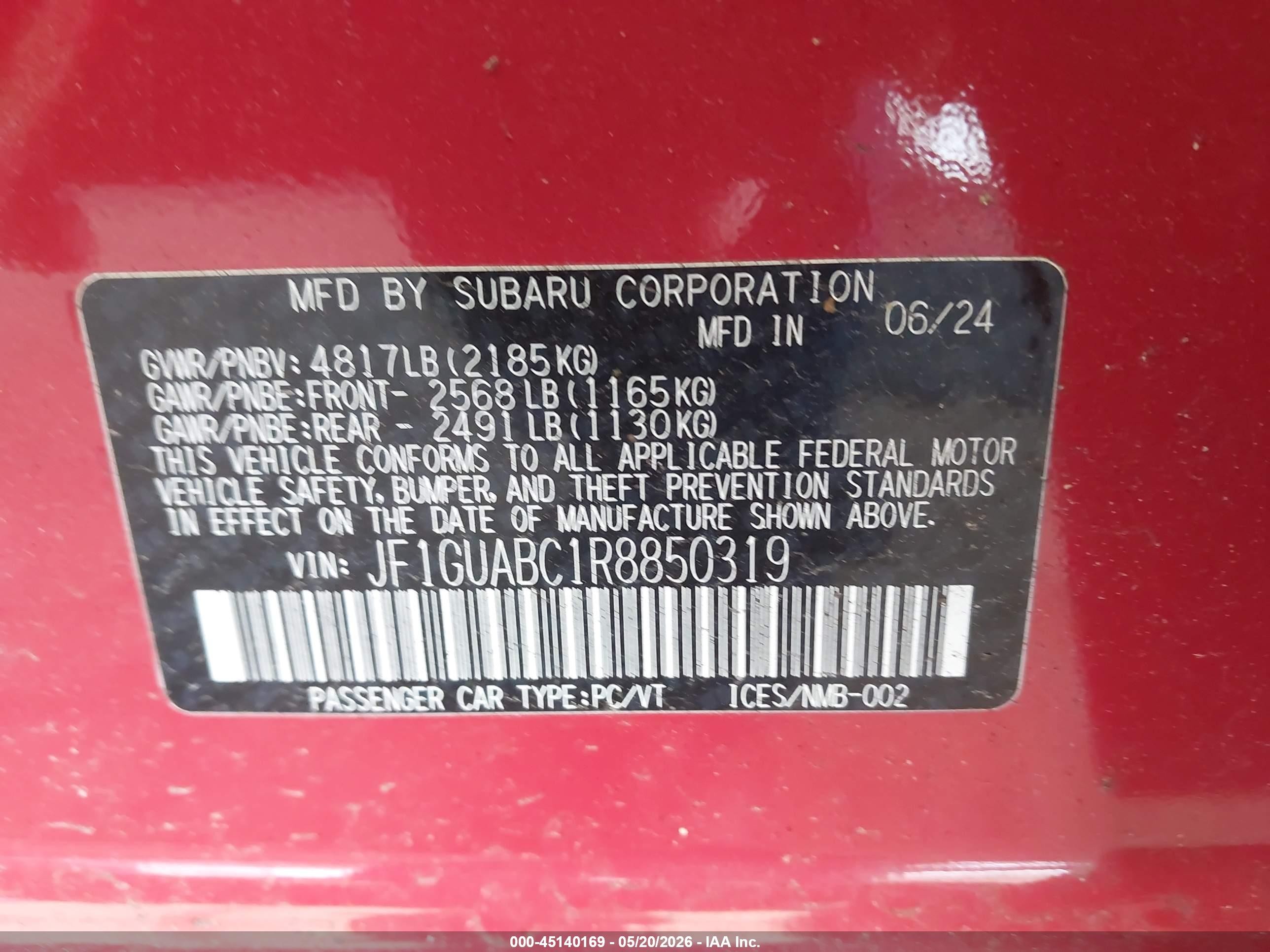 2024 Subaru Impreza Base 5-door Красный vin: JF1GUABC1R8850319