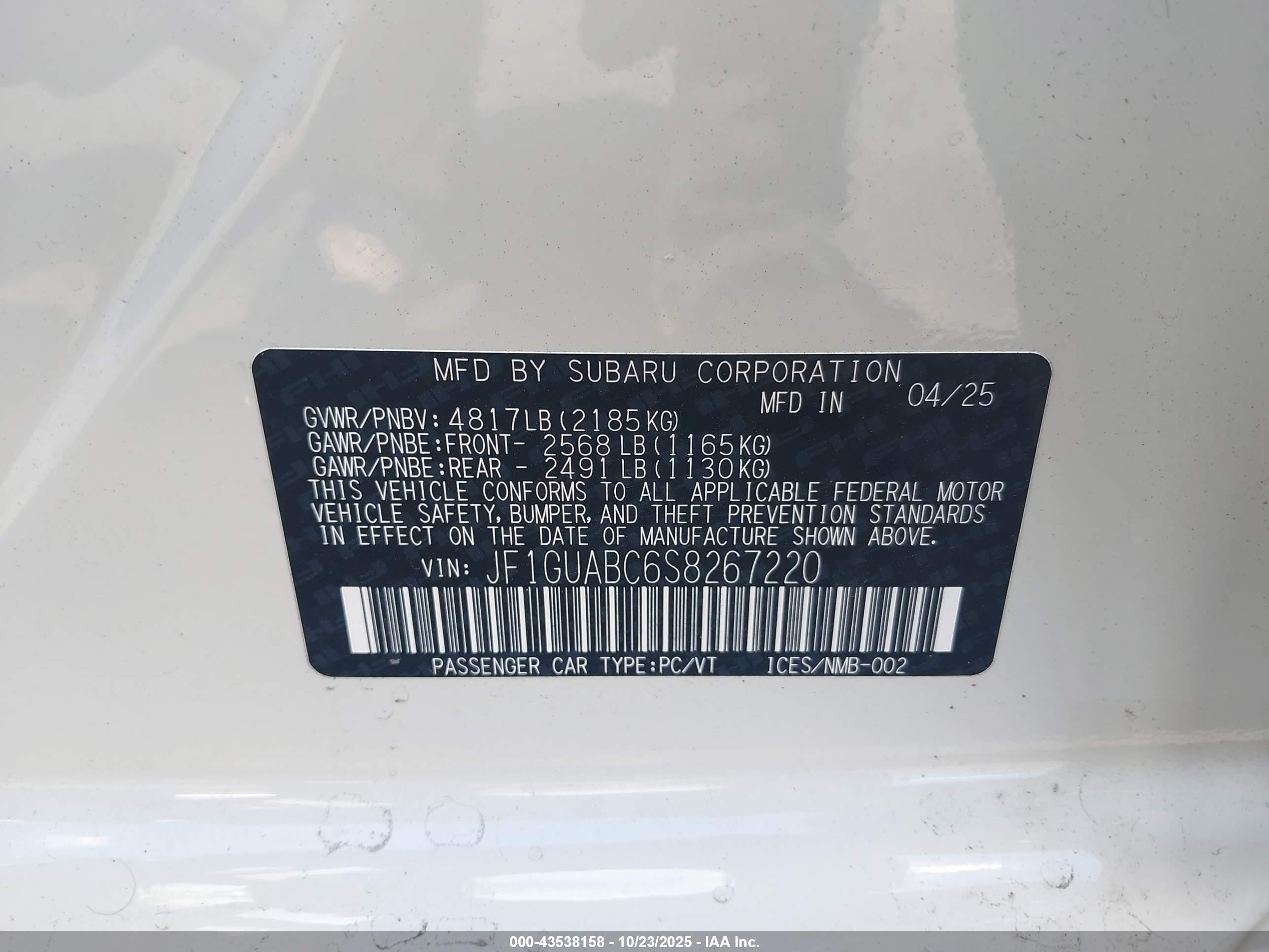 2025 Subaru Impreza Base 5-door White vin: JF1GUABC6S8267220