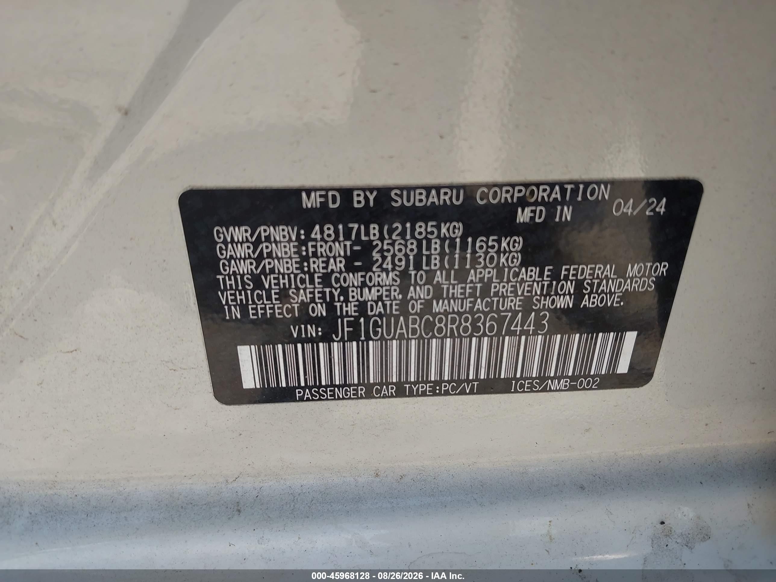 2024 Subaru Impreza Base 5-door White vin: JF1GUABC8R8367443
