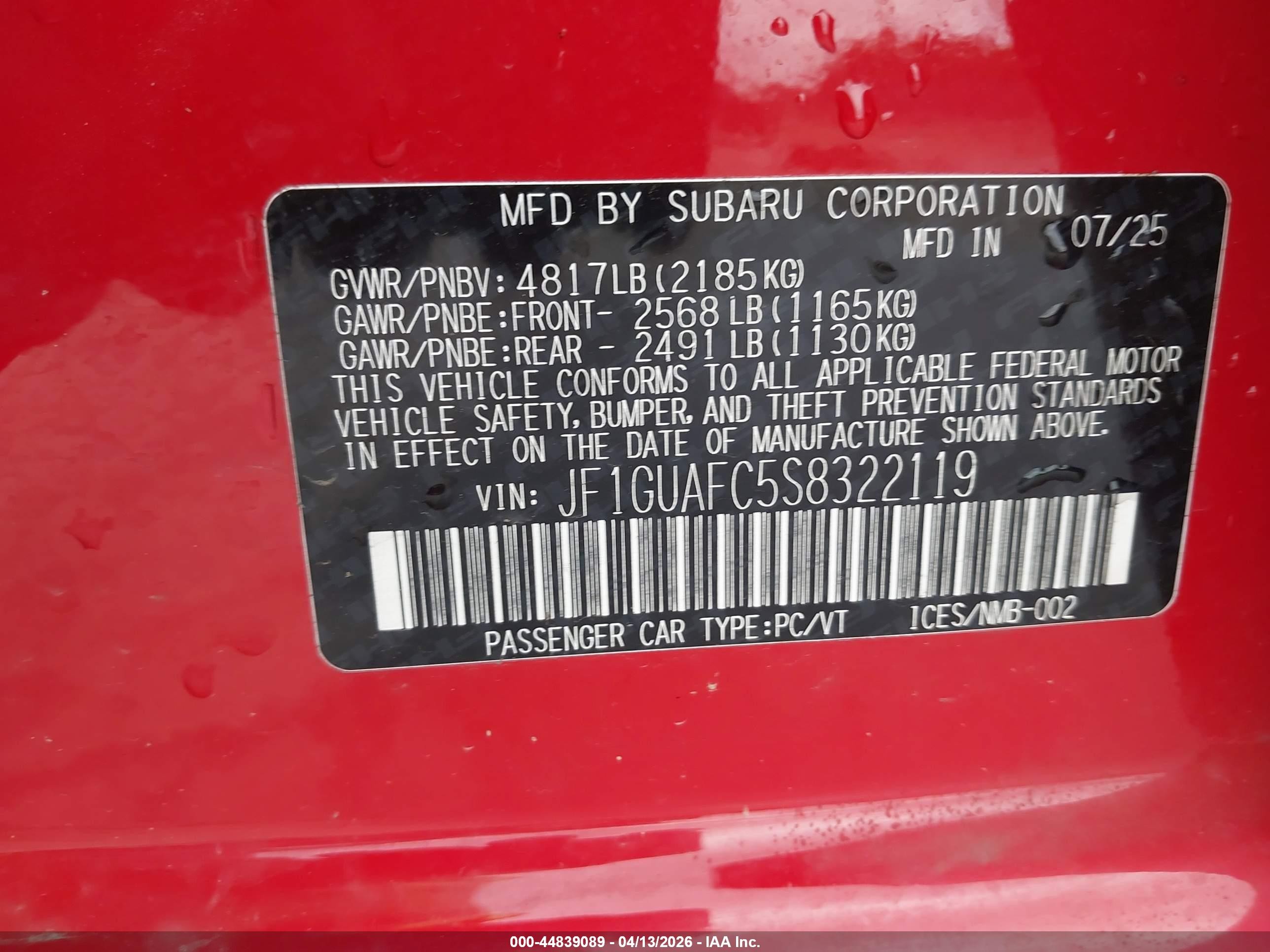 2025 Subaru Impreza Sport 5-door Red vin: JF1GUAFC5S8322119