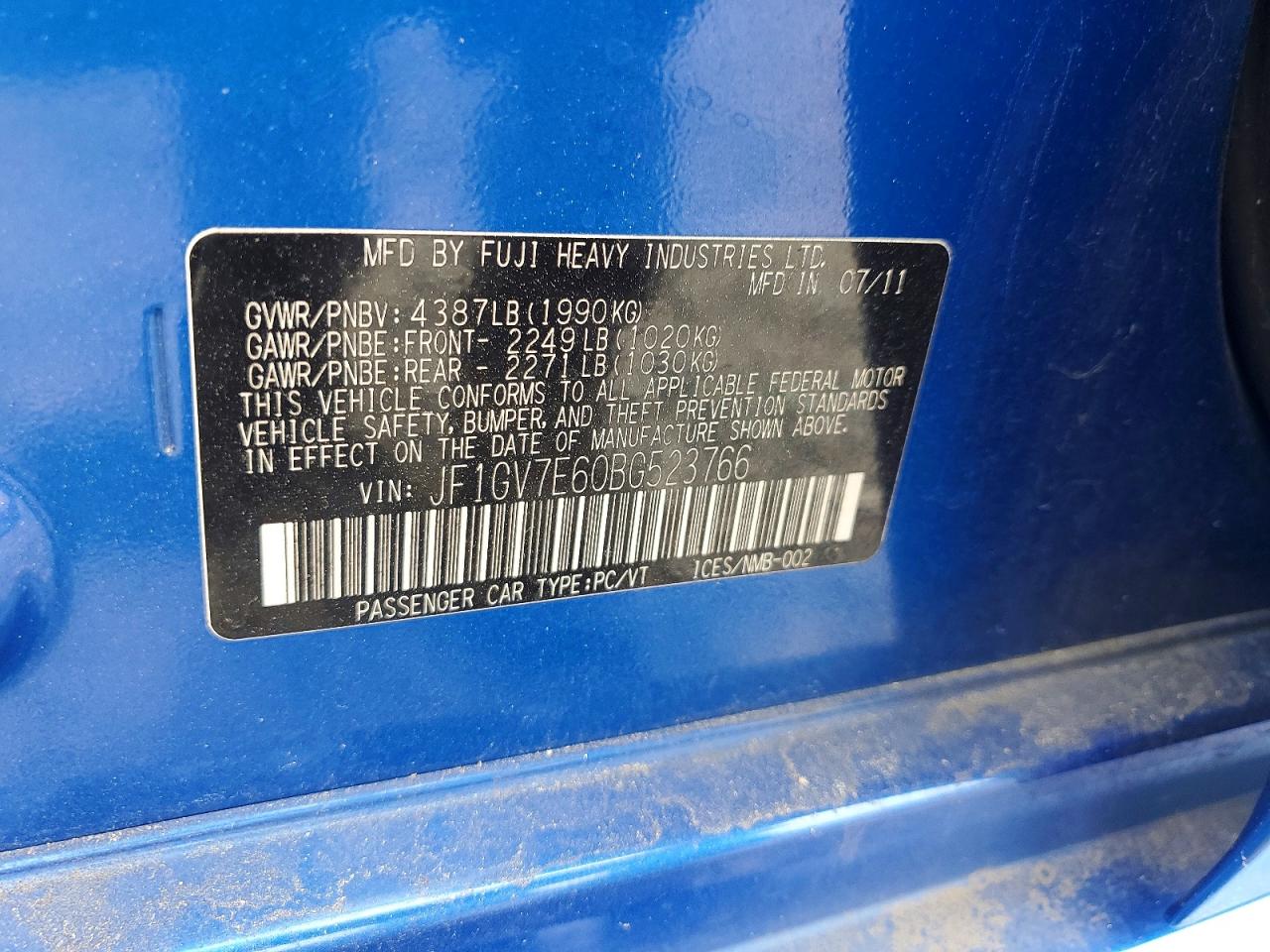 2011 Subaru Impreza Wrx Blue vin: JF1GV7E60BG523766