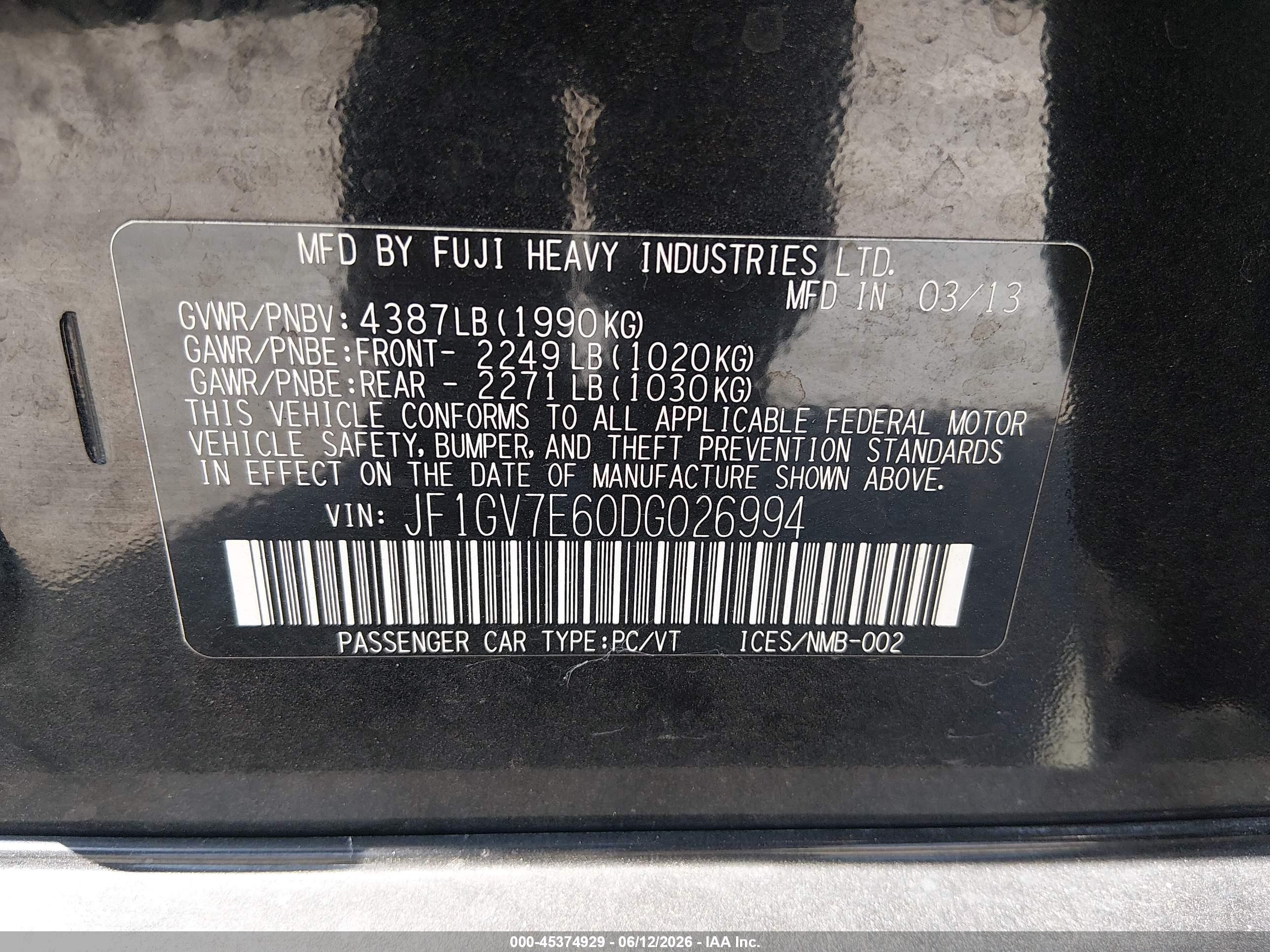 2013 Subaru Impreza Wrx Black vin: JF1GV7E60DG026994
