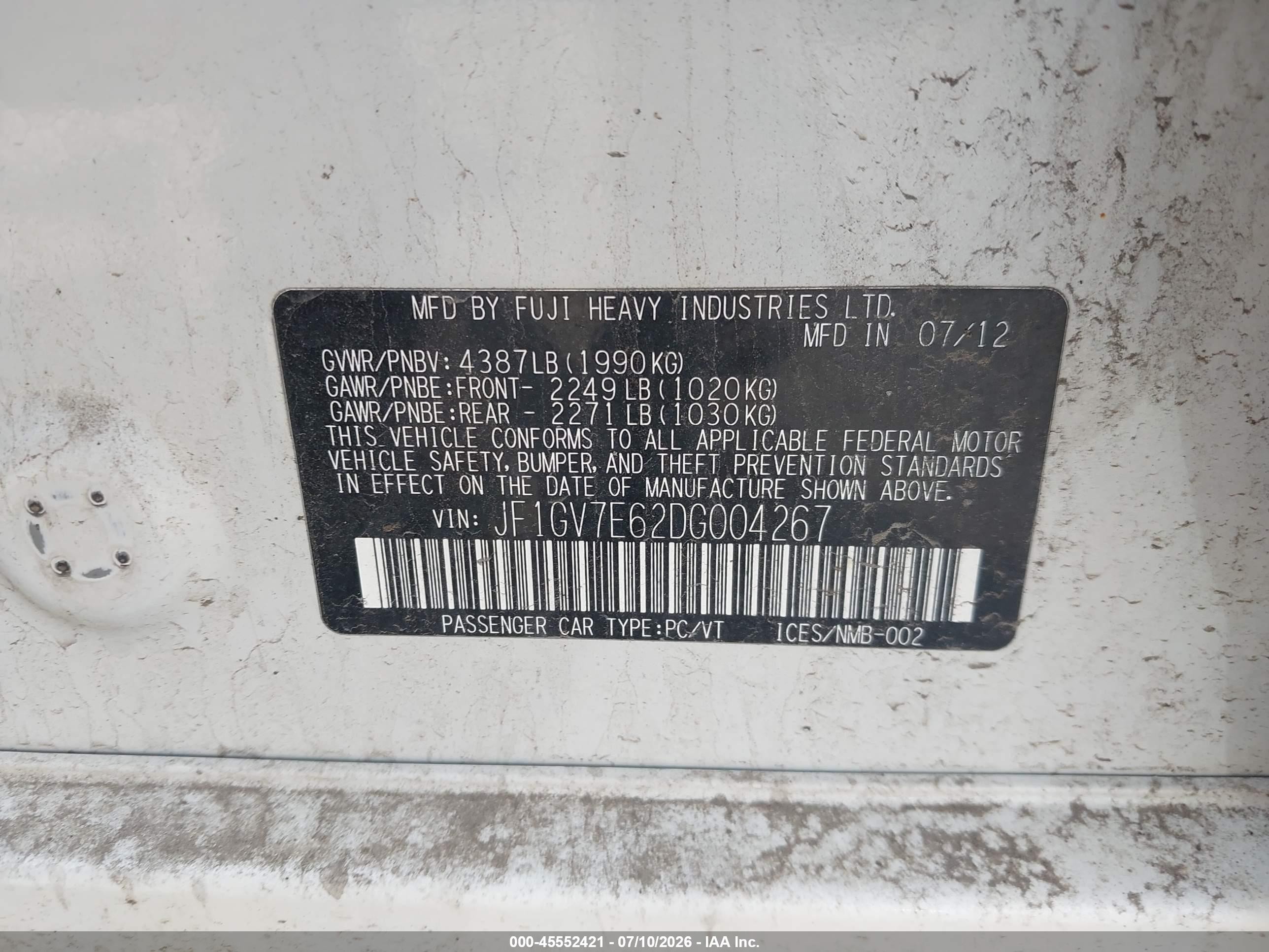 2013 Subaru Impreza Wrx   White vin: JF1GV7E62DG004267