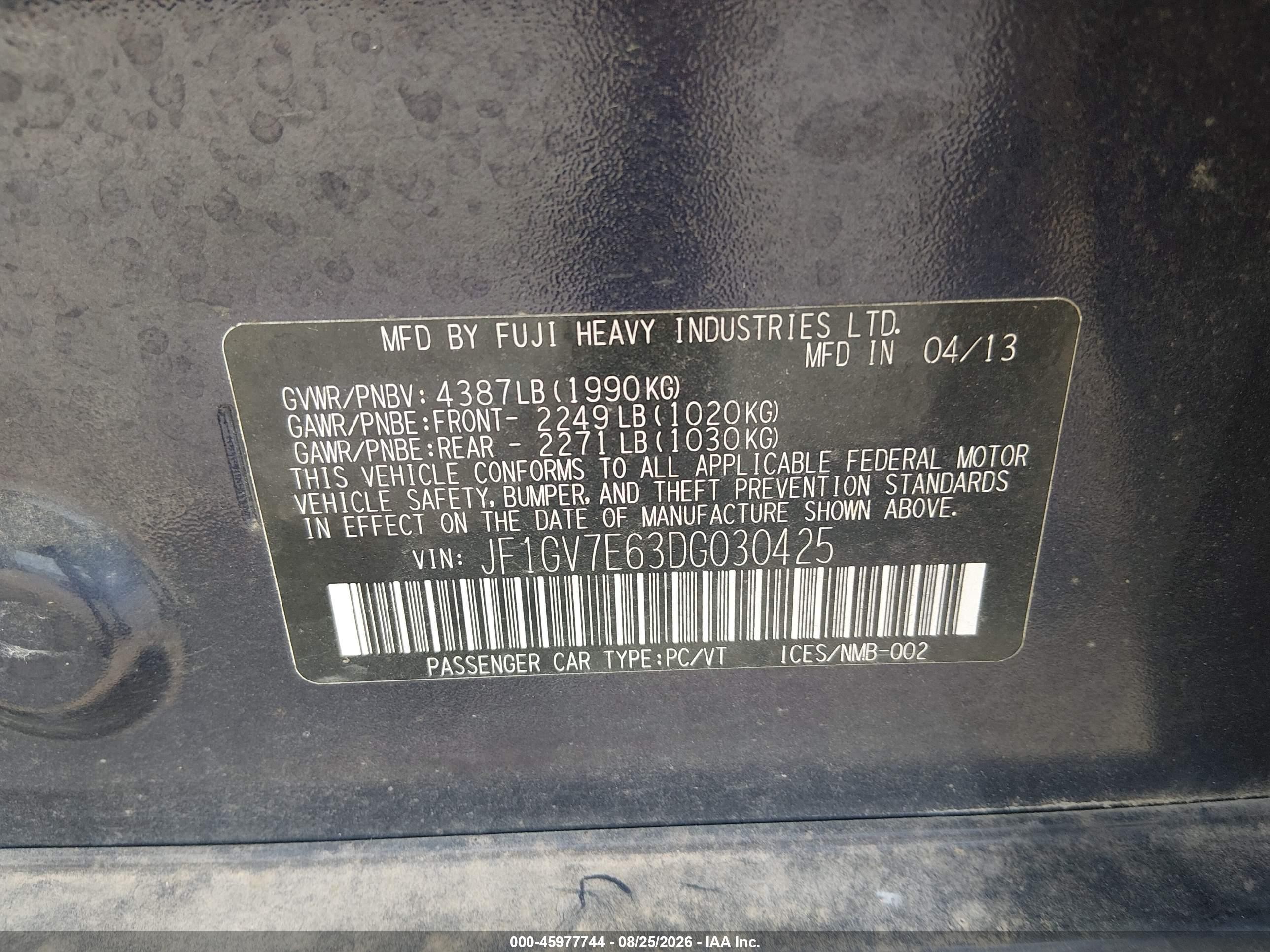 2013 Subaru Impreza Wrx   Blue vin: JF1GV7E63DG030425