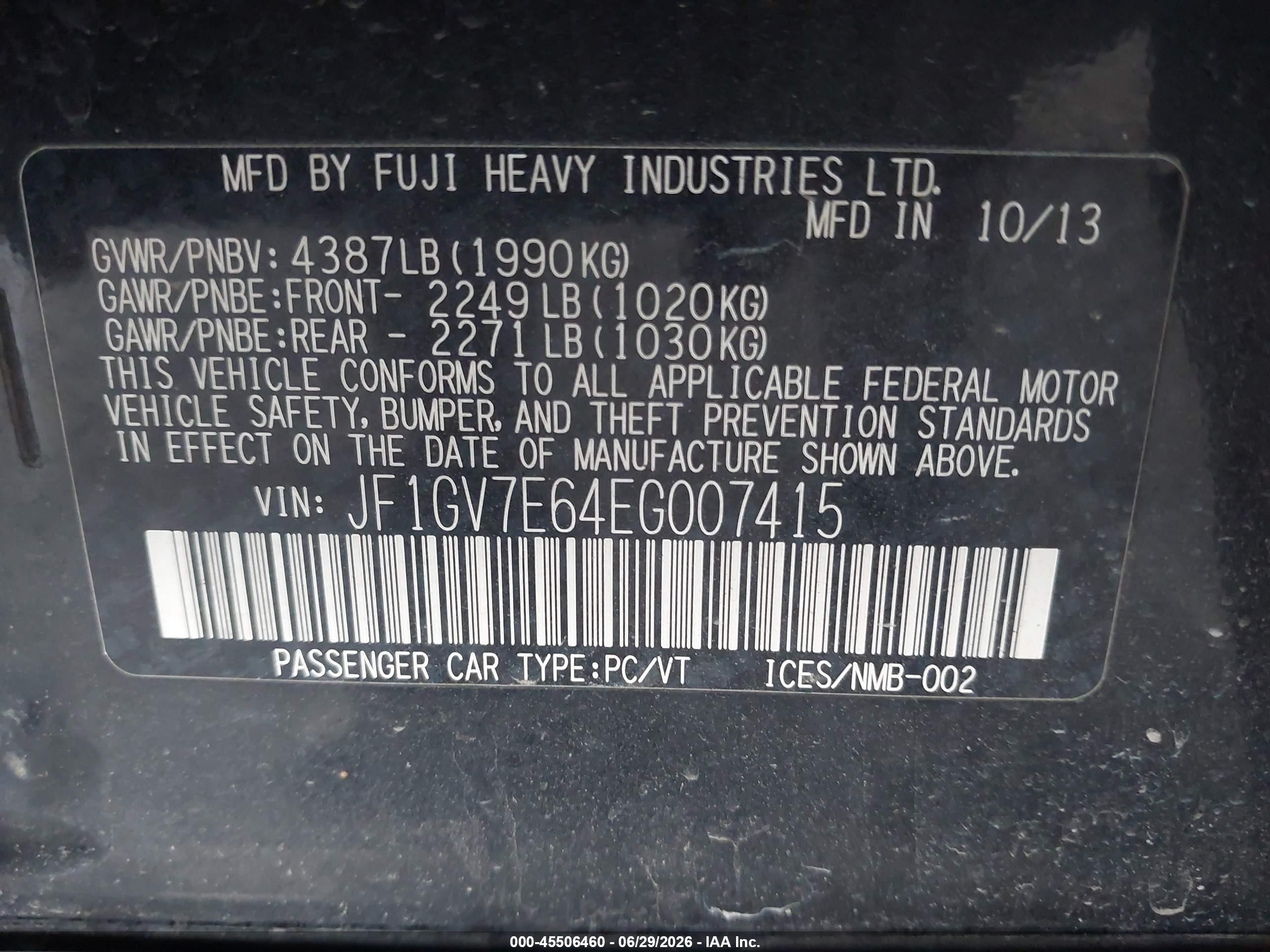 2014 Subaru Impreza Wrx   Black vin: JF1GV7E64EG007415