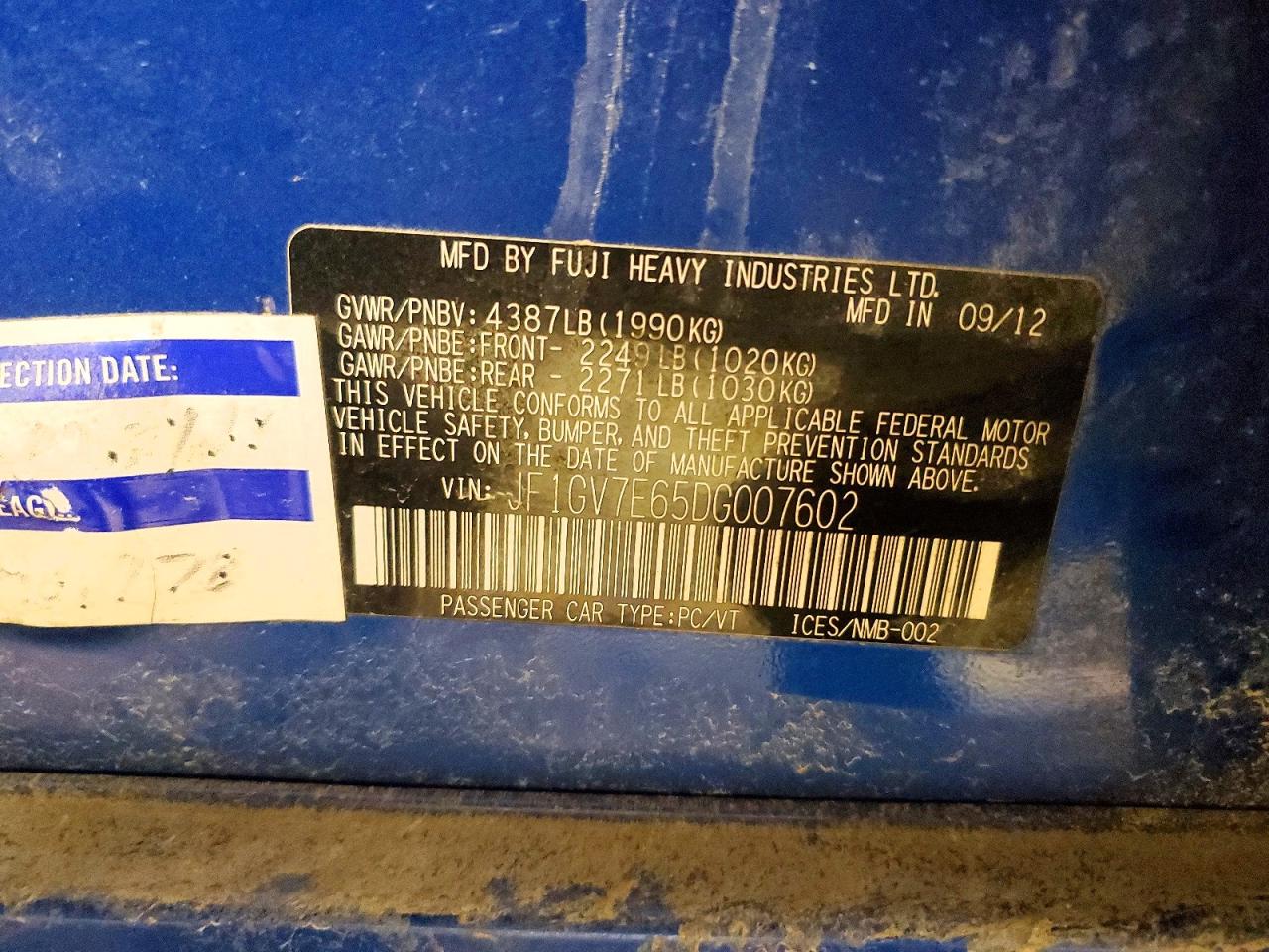 2013 Subaru Impreza Wrx Blue vin: JF1GV7E65DG007602