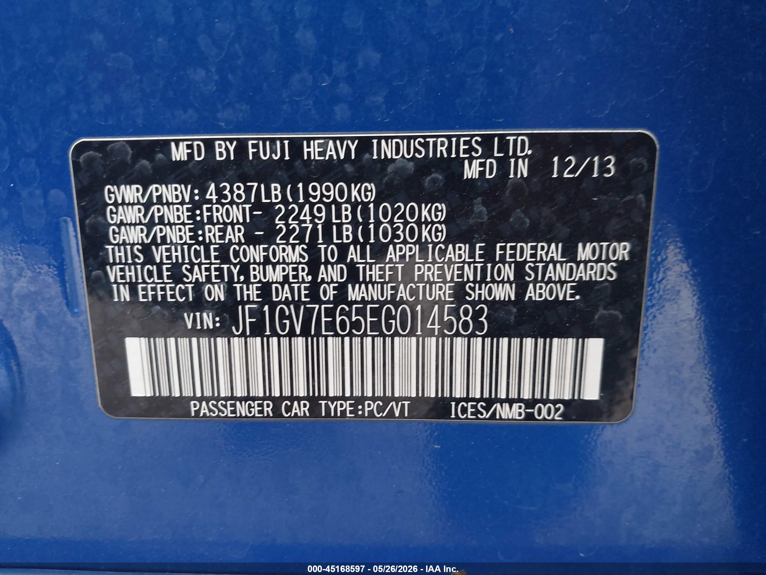 2014 Subaru Impreza Wrx   Blue vin: JF1GV7E65EG014583