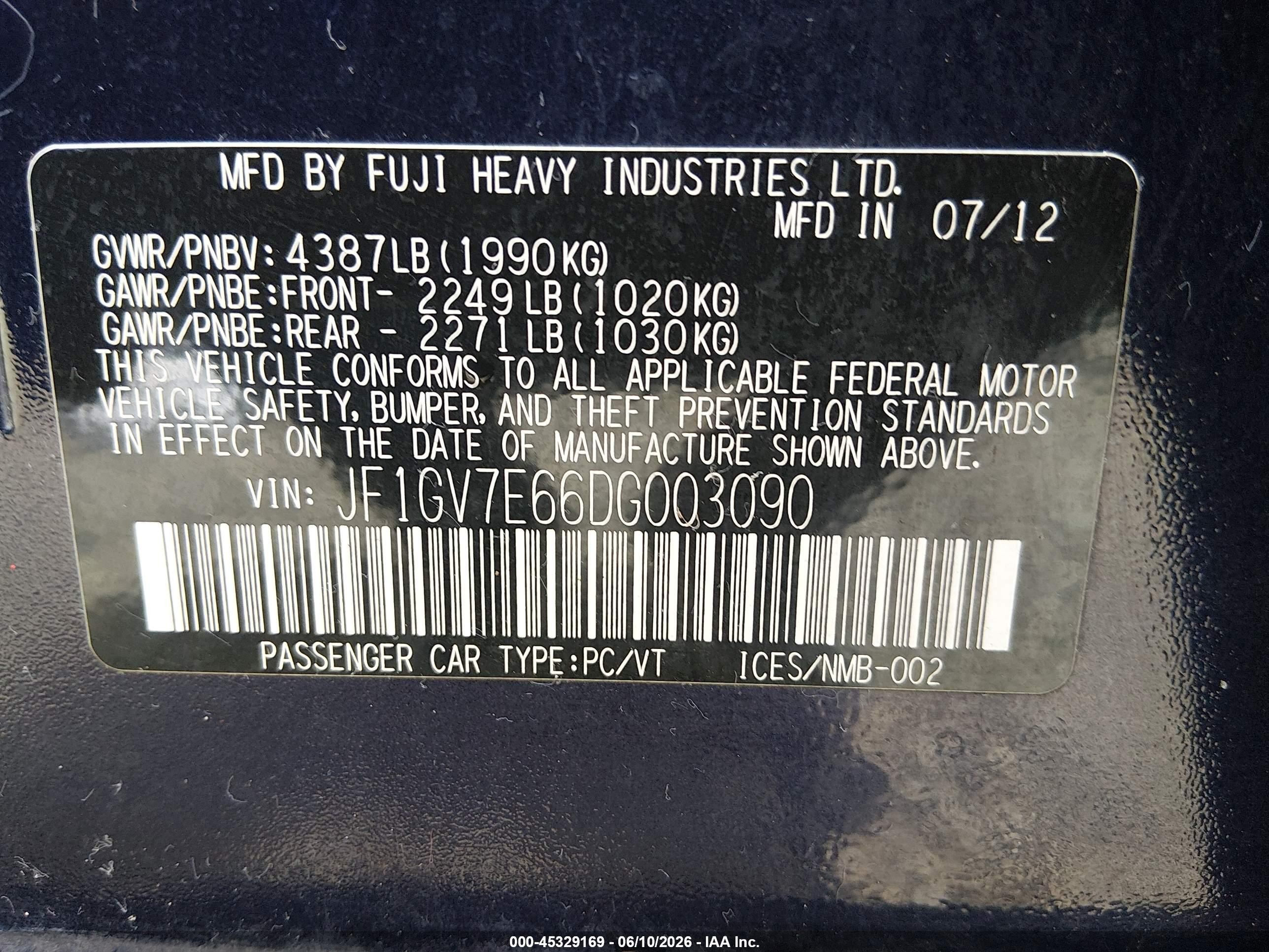 2013 Subaru Impreza Wrx   Dark Blue vin: JF1GV7E66DG003090