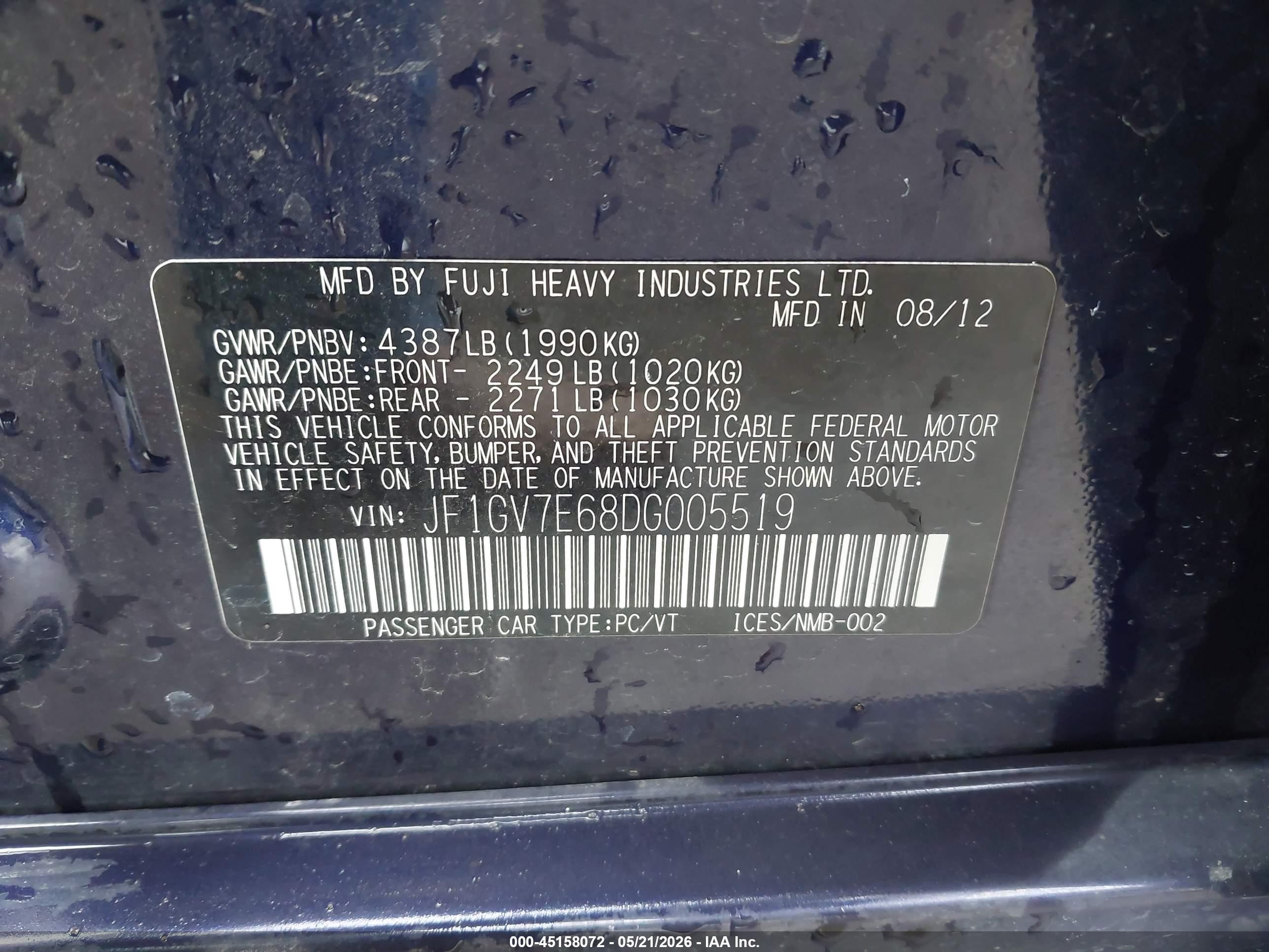 2013 Subaru Impreza Wrx   Blue vin: JF1GV7E68DG005519