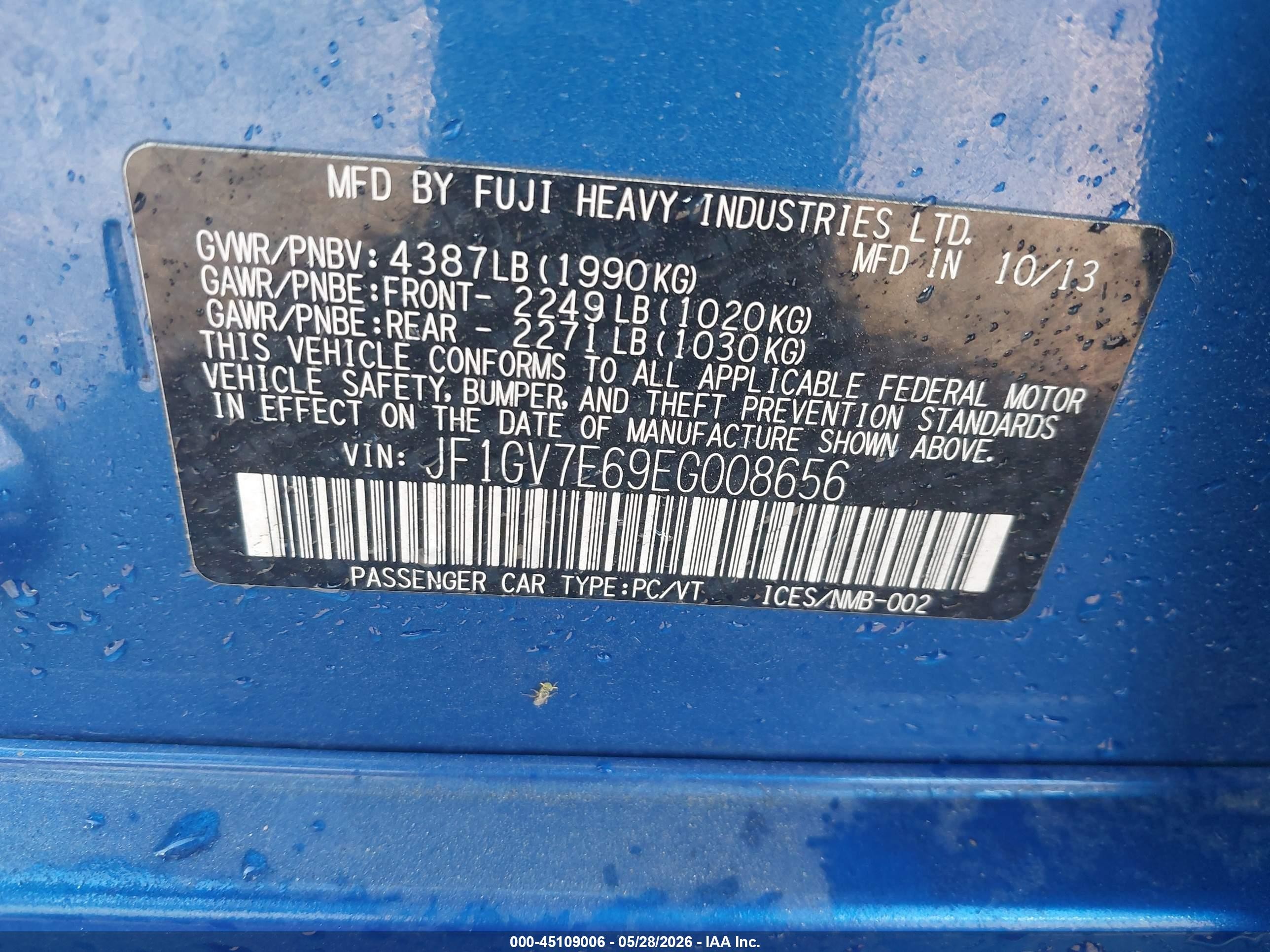 2014 Subaru Impreza Wrx   Синий vin: JF1GV7E69EG008656