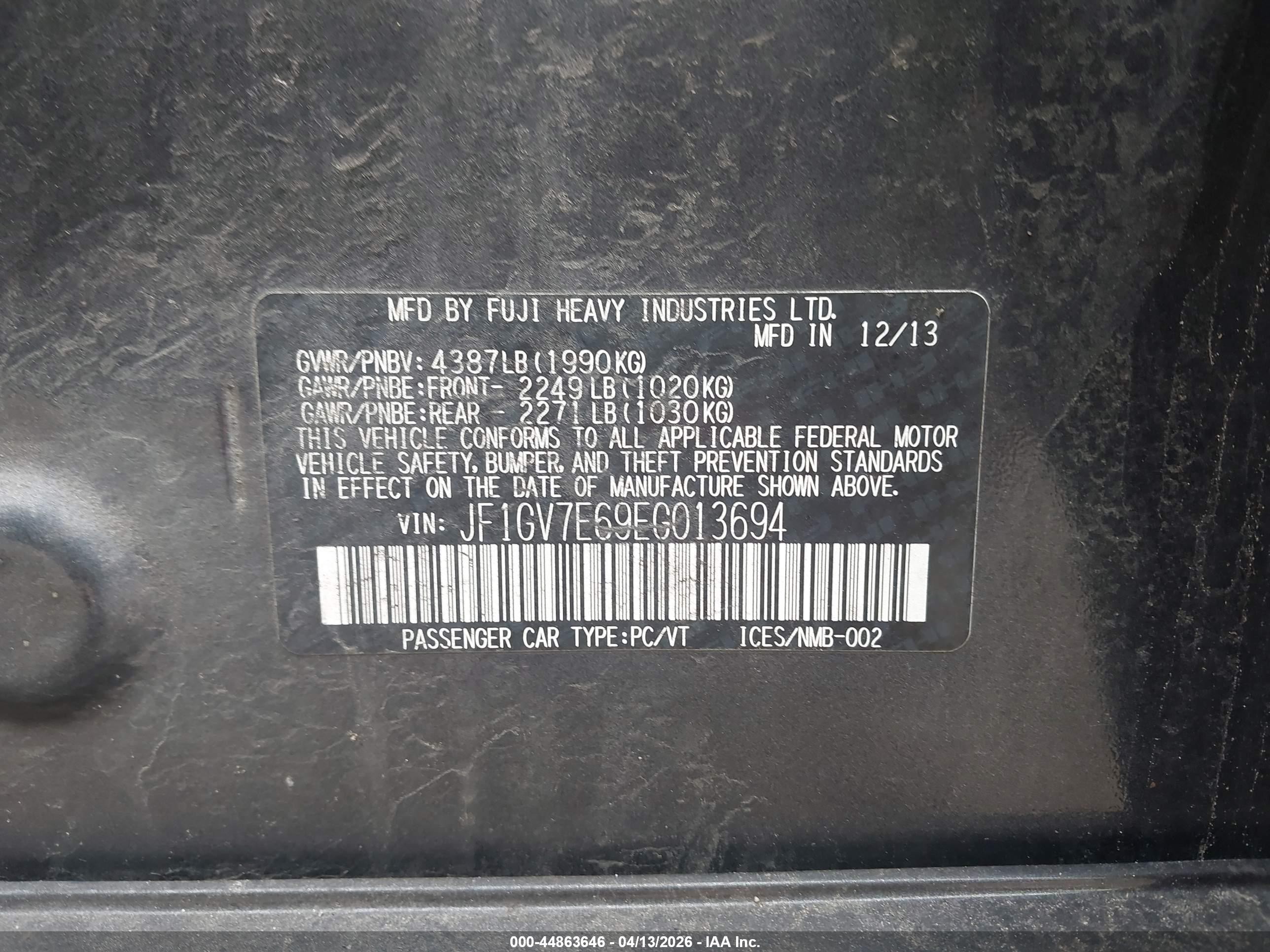2014 Subaru Impreza Wrx   Серый vin: JF1GV7E69EG013694