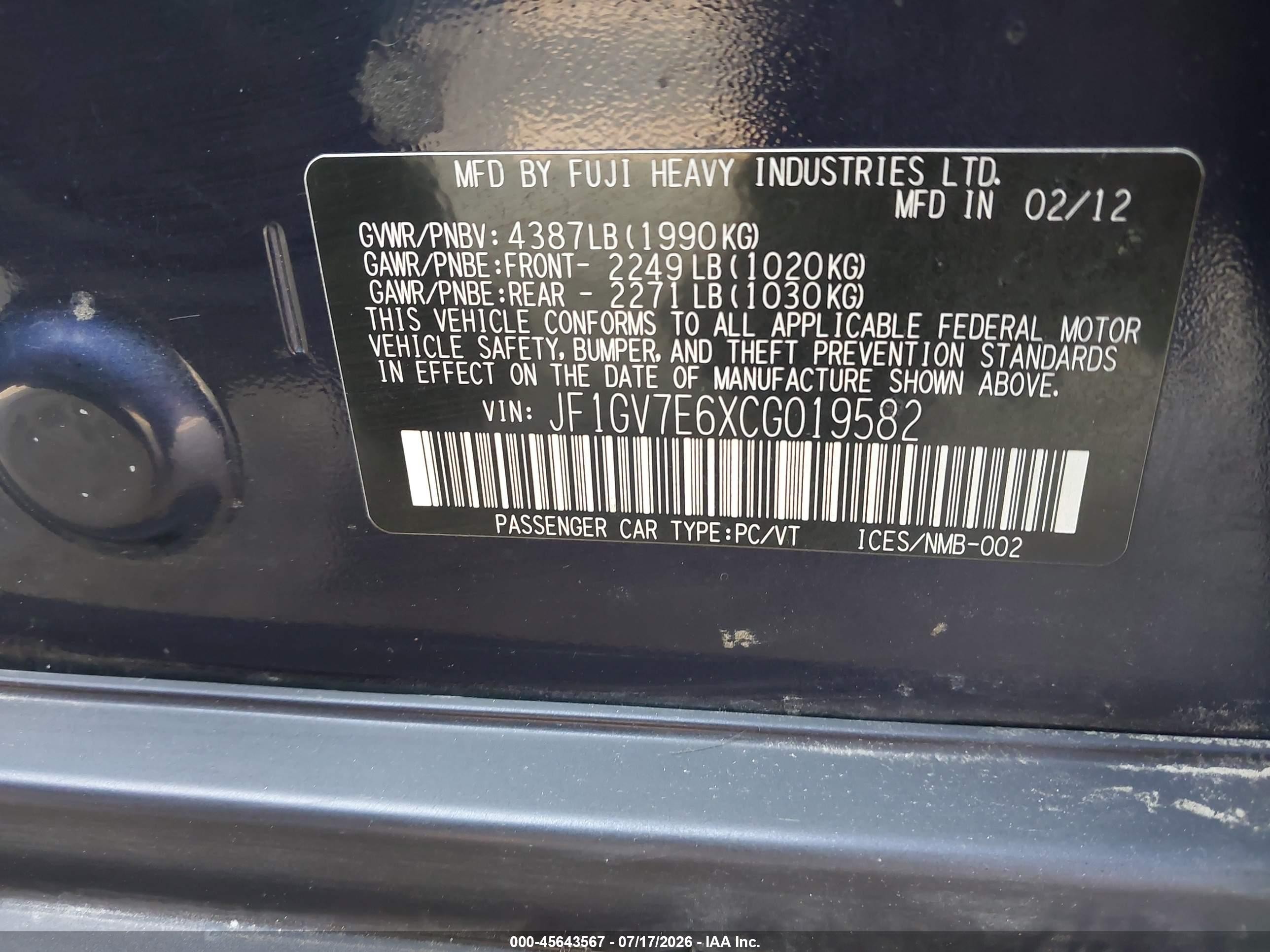 2012 Subaru Impreza Wrx Dark Blue vin: JF1GV7E6XCG019582