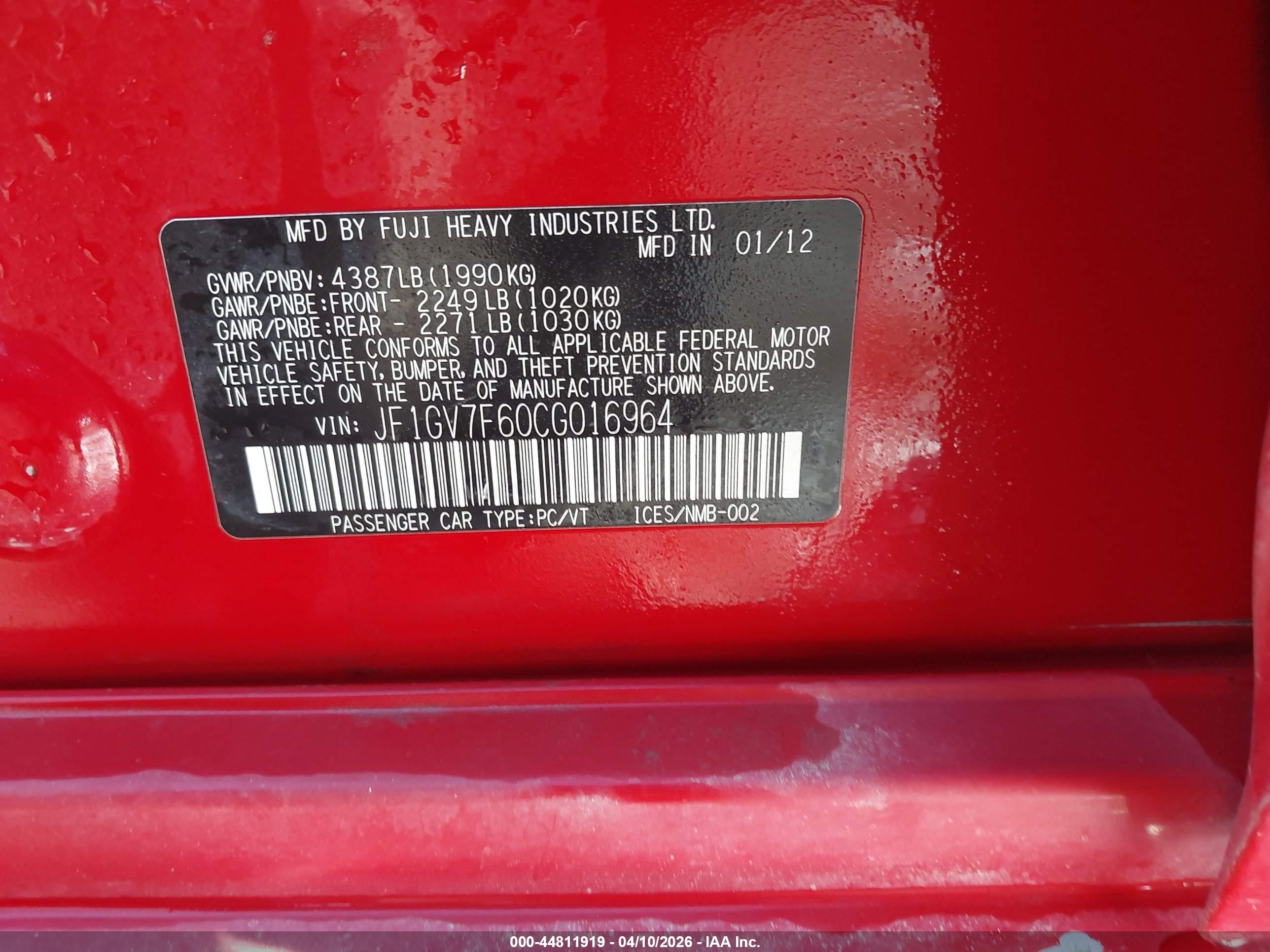 2012 Subaru Impreza Wrx Limited Red vin: JF1GV7F60CG016964