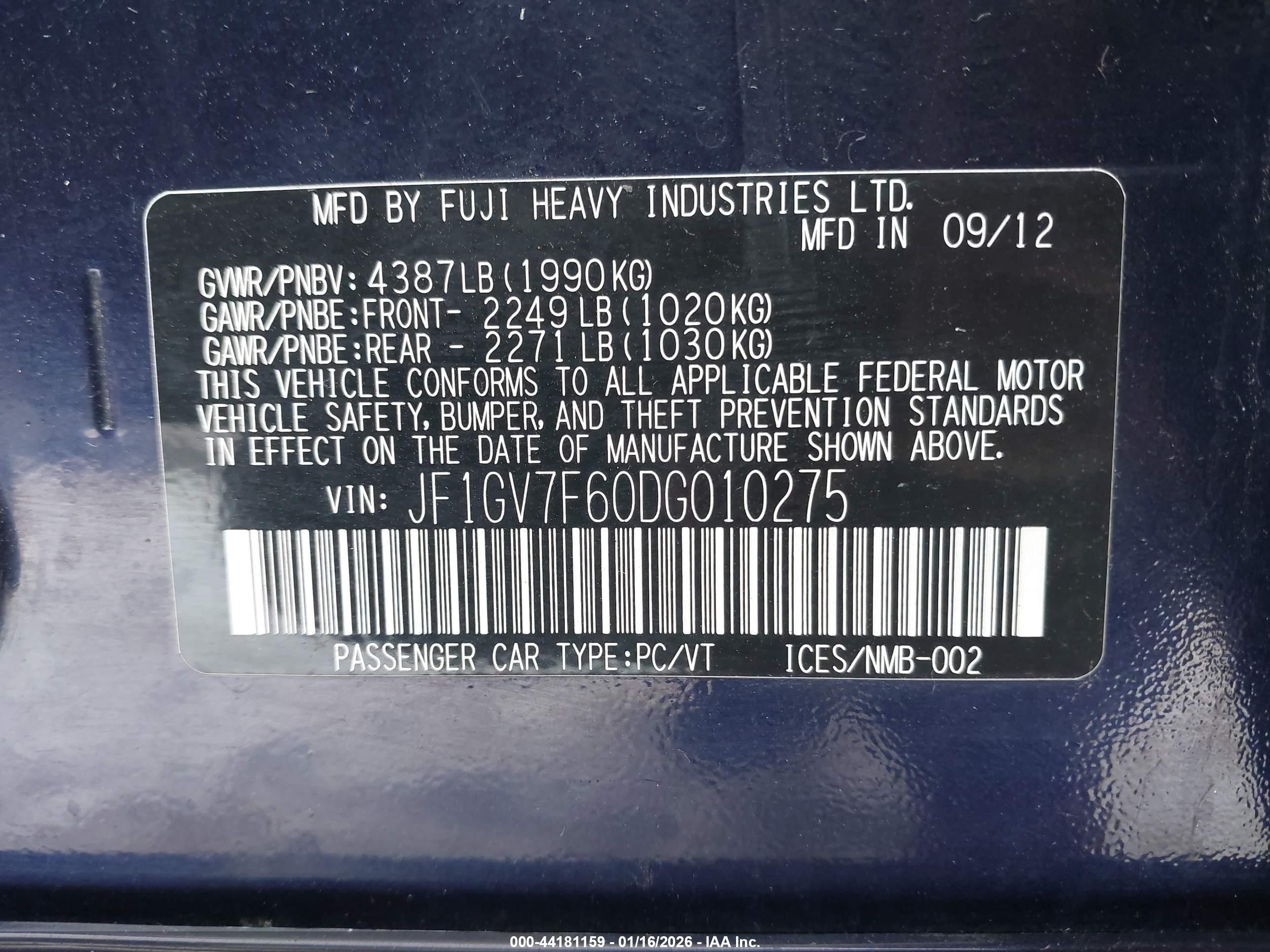2013 Subaru Impreza Wrx Premium Blue vin: JF1GV7F60DG010275