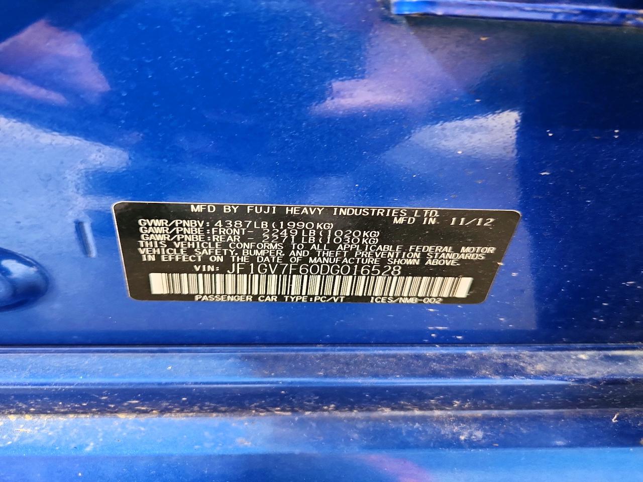 2013 Subaru Impreza Blue vin: JF1GV7F60DG016528