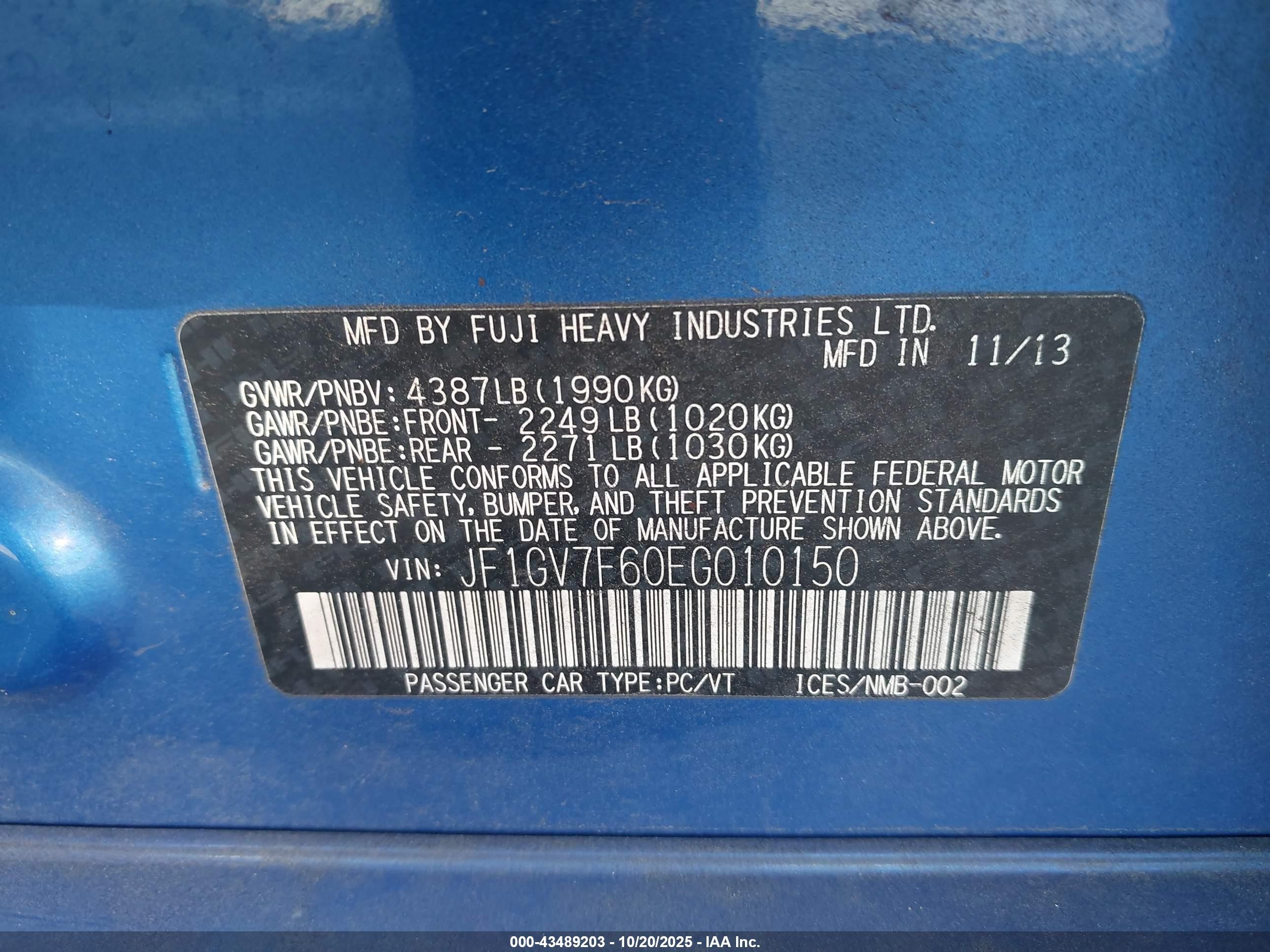 2014 Subaru Impreza Wrx Premium Blue vin: JF1GV7F60EG010150