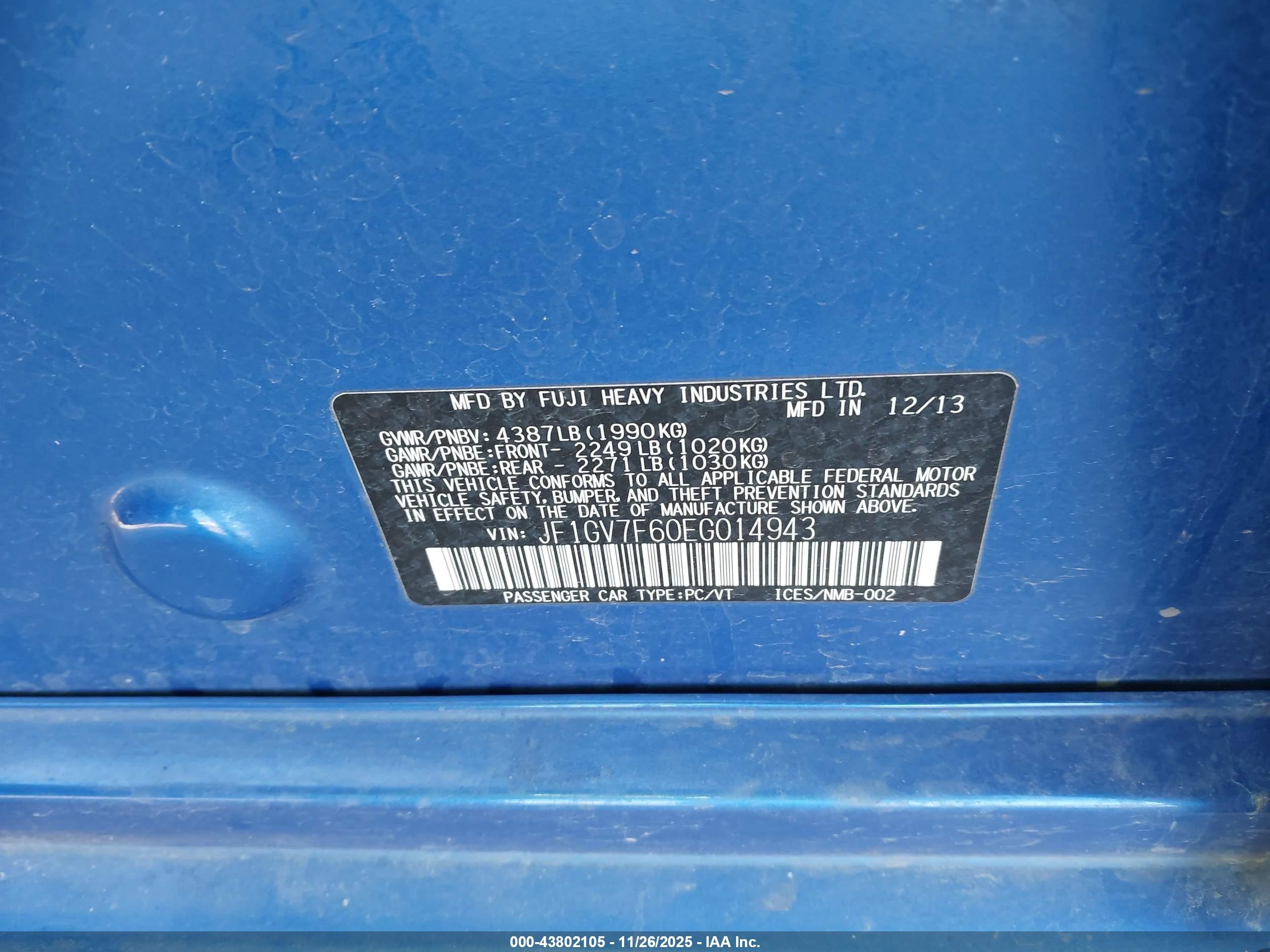 2014 Subaru Impreza Wrx Limited Синий vin: JF1GV7F60EG014943