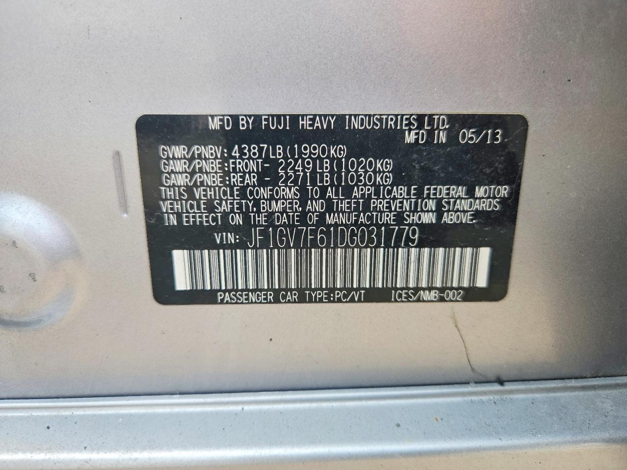2013 Subaru Impreza Wrx Серебряный vin: JF1GV7F61DG031779