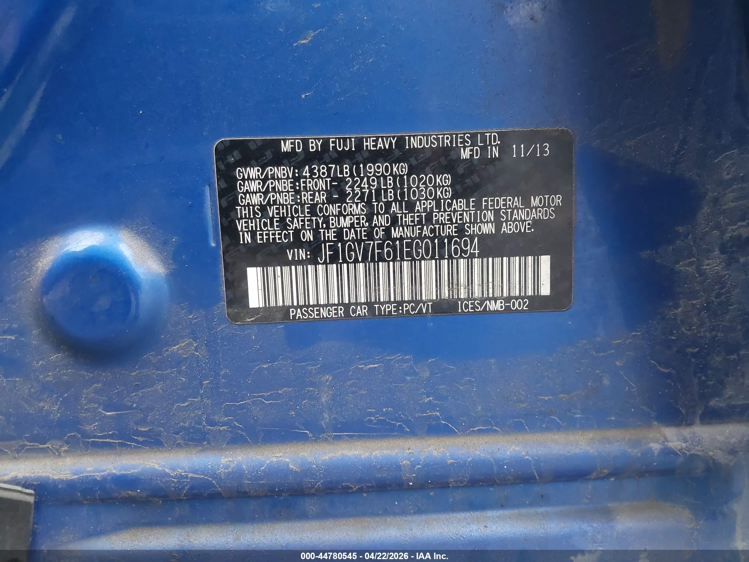 2014 Subaru Impreza Wrx Limited Blue vin: JF1GV7F61EG011694