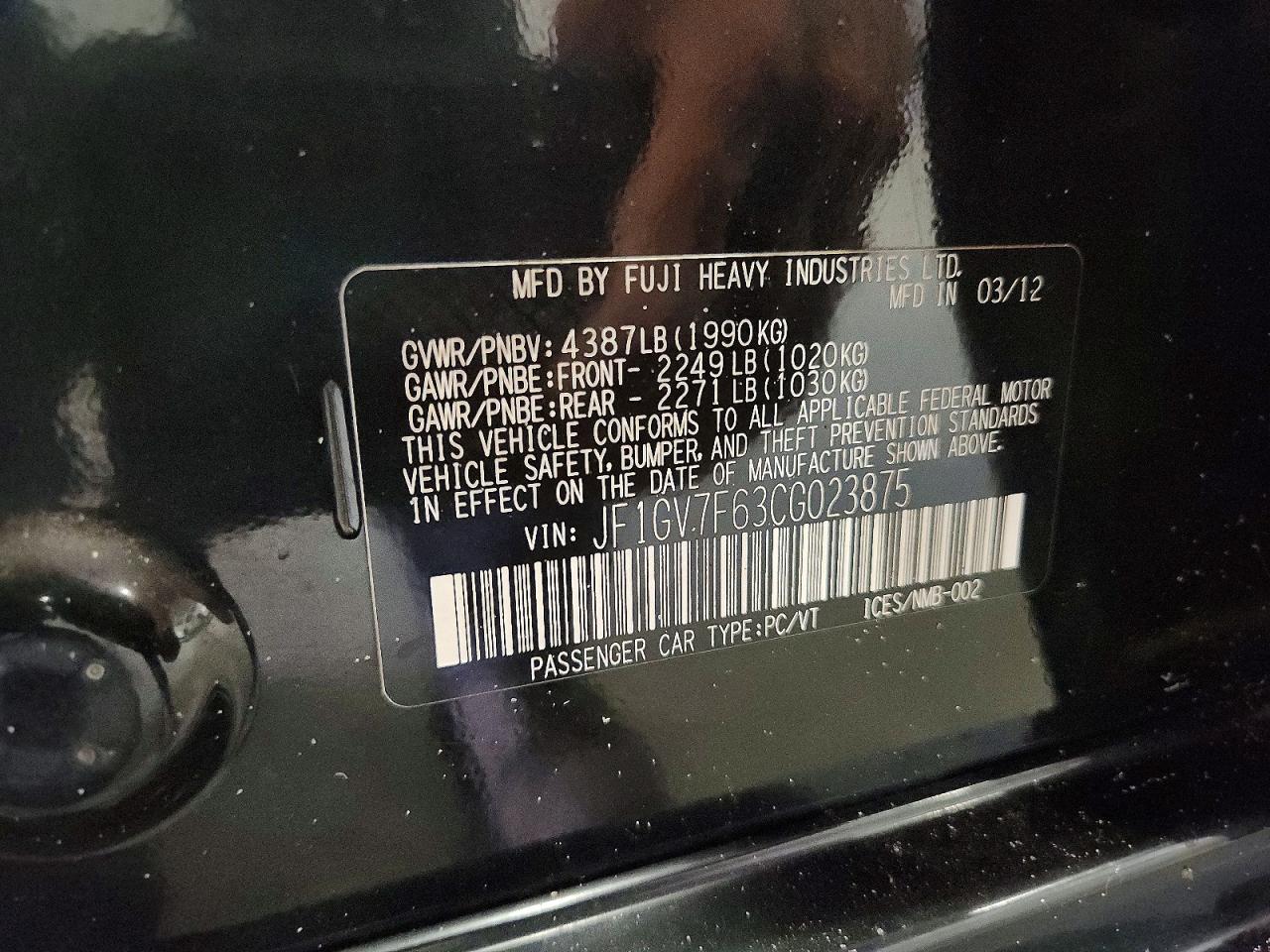 2012 Subaru Impreza Wrx Black vin: JF1GV7F63CG023875