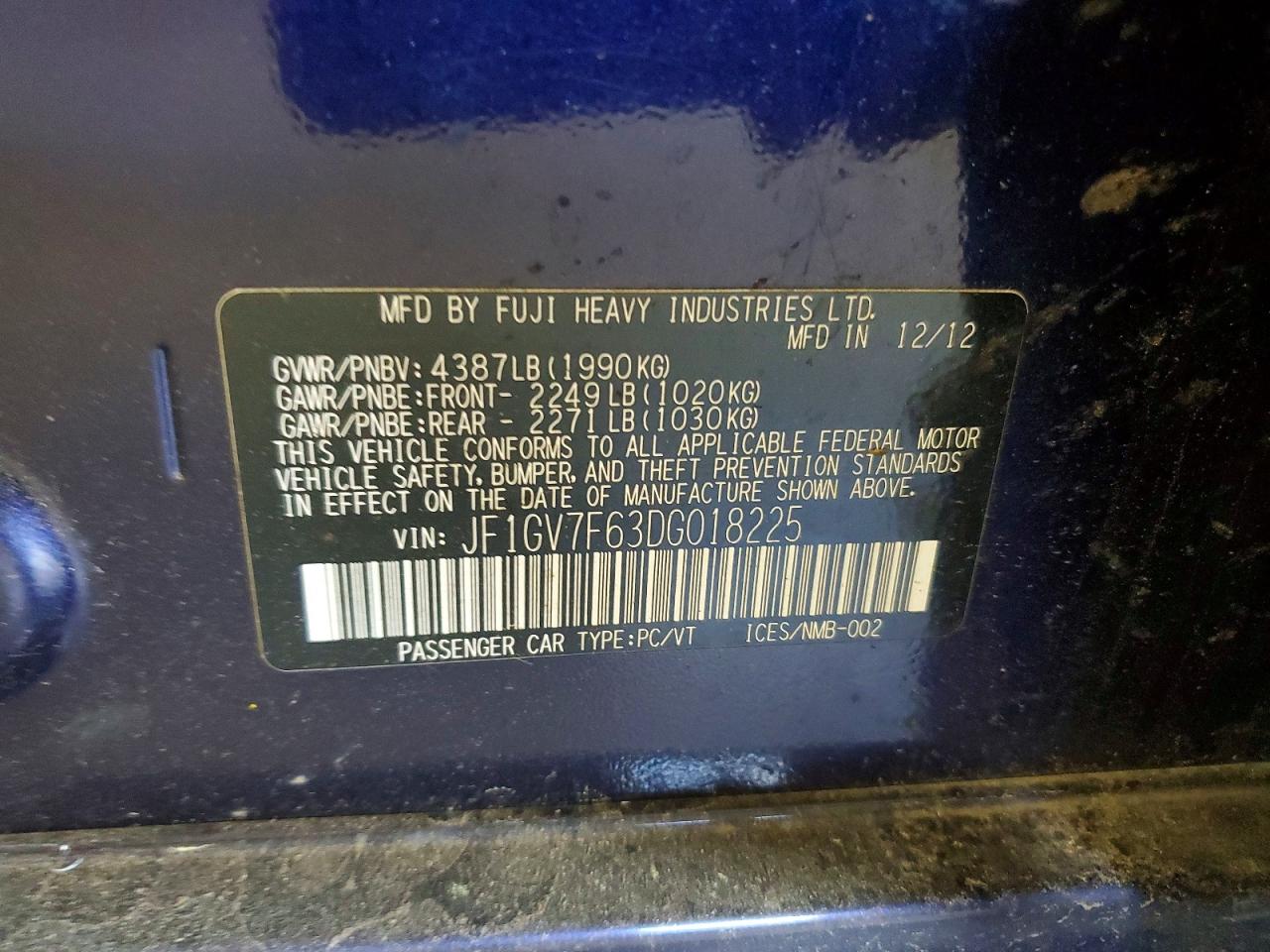 2013 Subaru Impreza Wrx Blue vin: JF1GV7F63DG018225