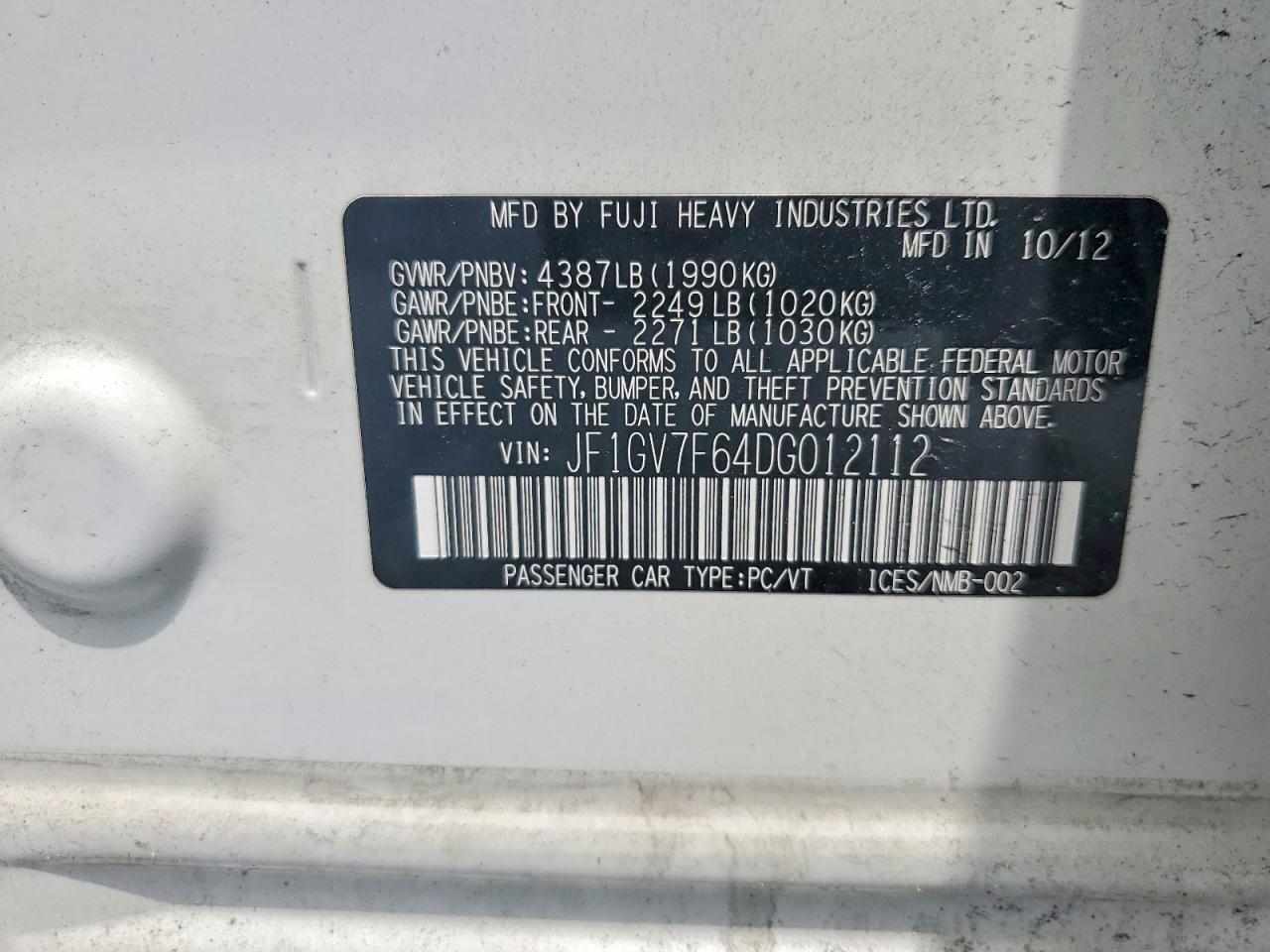 2013 Subaru Impreza Wrx White vin: JF1GV7F64DG012112