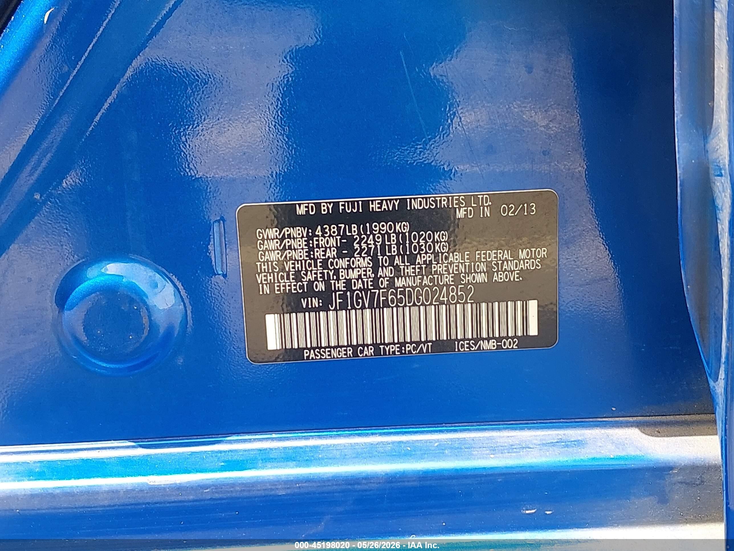 2013 Subaru Impreza Wrx Premium Blue vin: JF1GV7F65DG024852