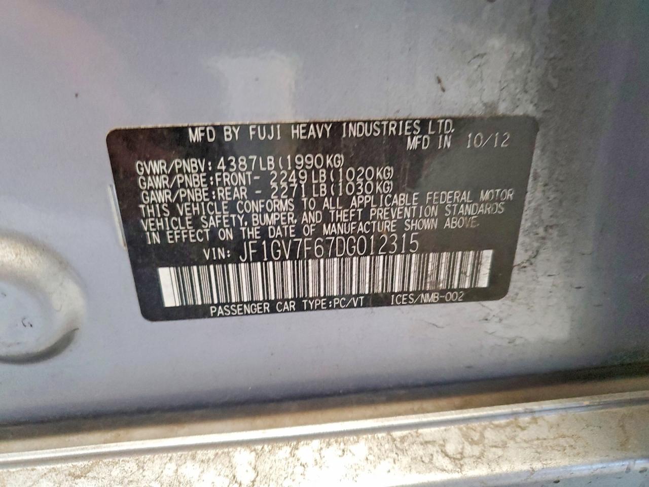 2013 Subaru Impreza Wrx Silver vin: JF1GV7F67DG012315