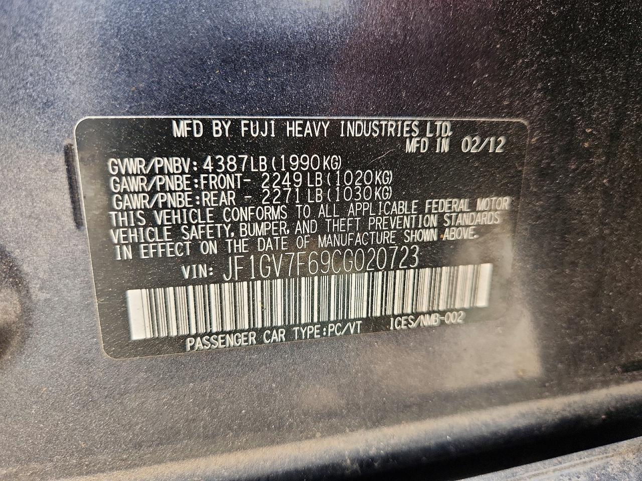 2012 Subaru Impreza Wrx Угольный vin: JF1GV7F69CG020723
