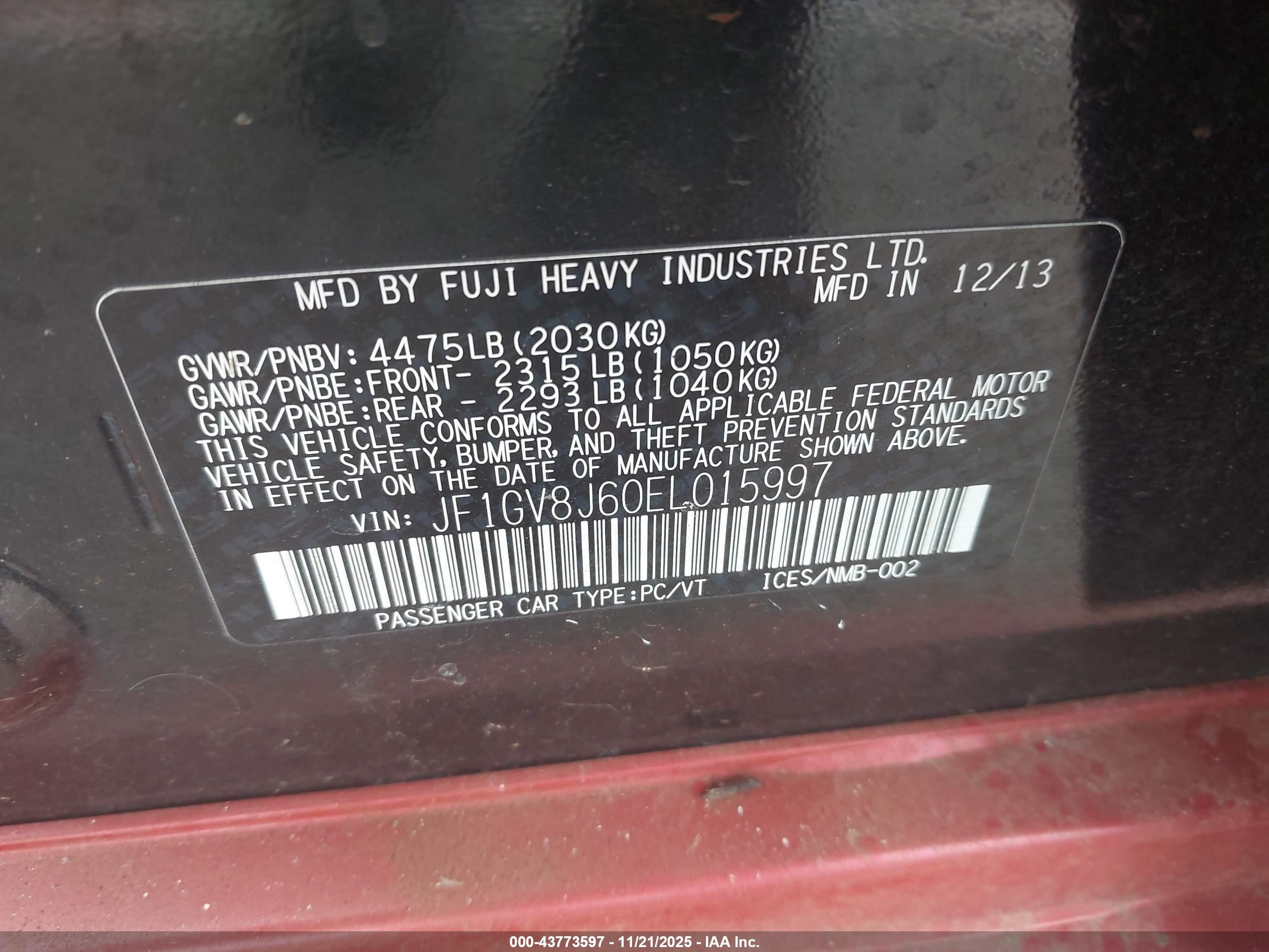 2014 Subaru Impreza Wrx Sti Красный vin: JF1GV8J60EL015997