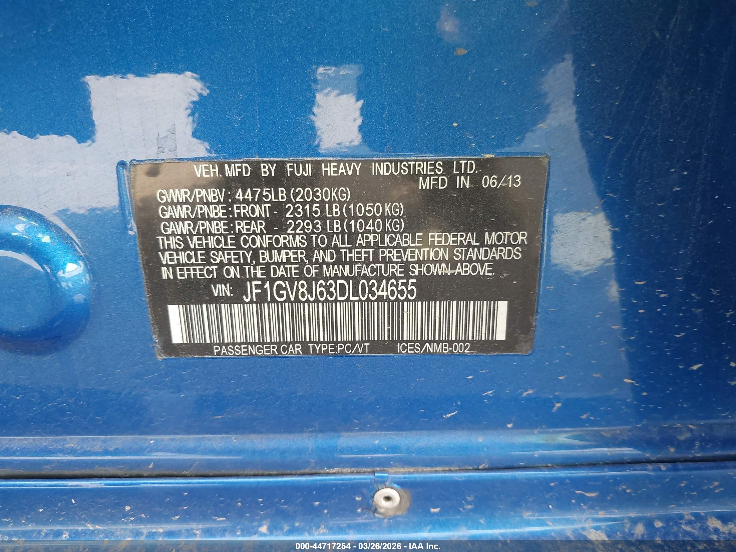 2013 Subaru Impreza Wrx Sti Blue vin: JF1GV8J63DL034655