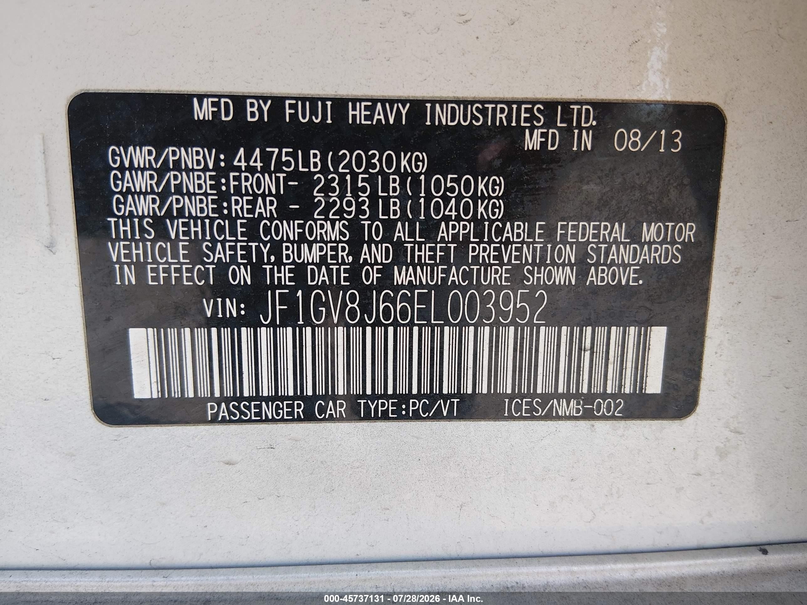 2014 Subaru Impreza Wrx Sti White vin: JF1GV8J66EL003952