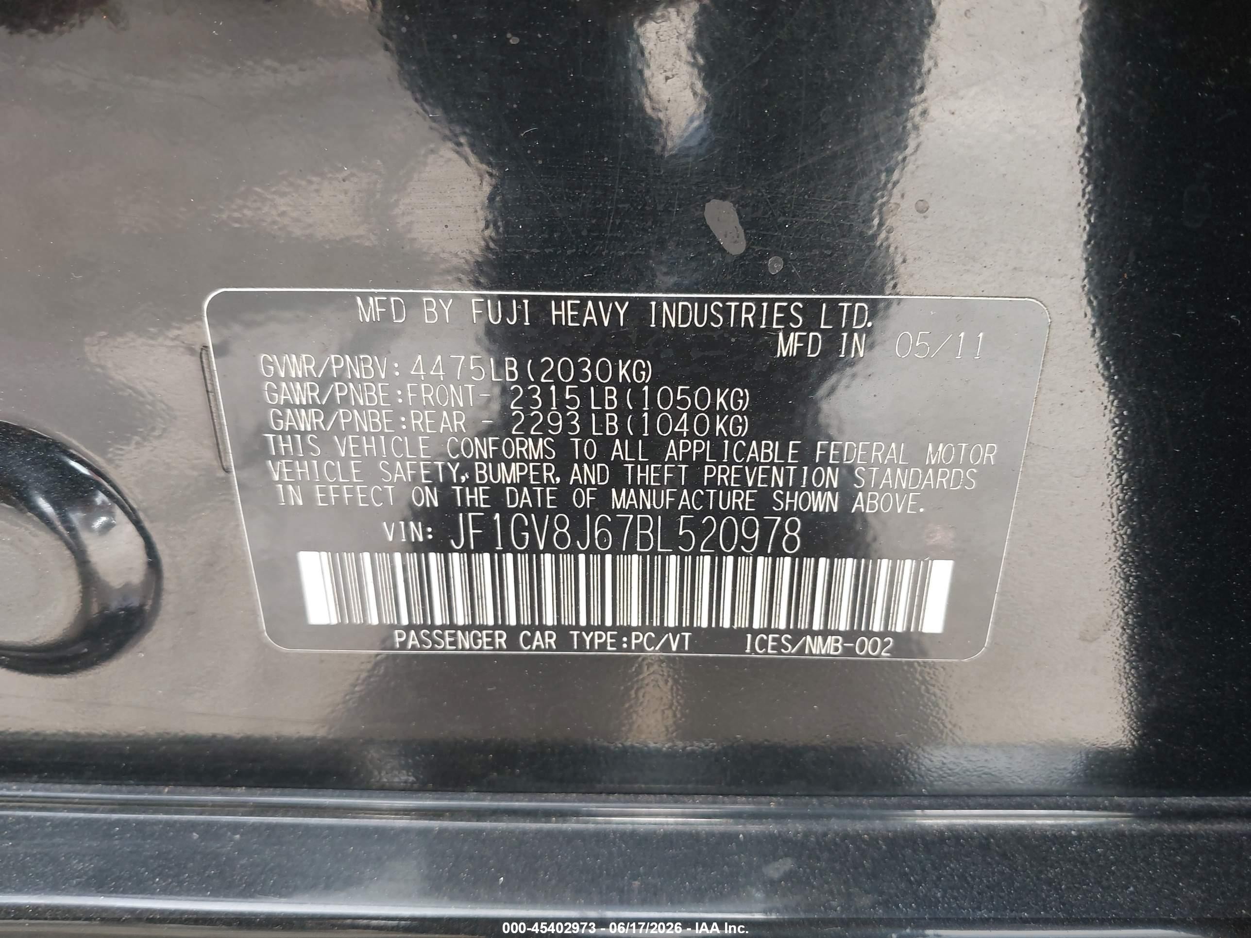 2011 Subaru Impreza Wrx Sti   Black vin: JF1GV8J67BL520978