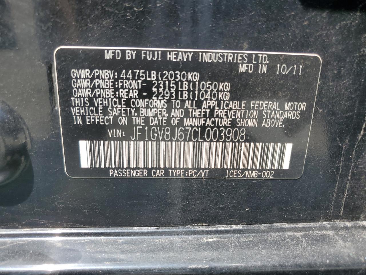 2012 Subaru Impreza Wrx Sti Black vin: JF1GV8J67CL003908