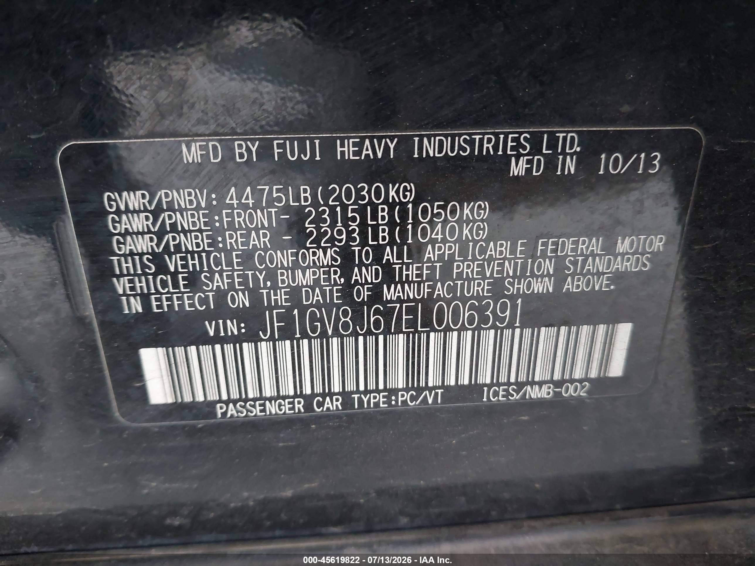 2014 Subaru Impreza Wrx Sti Черный vin: JF1GV8J67EL006391