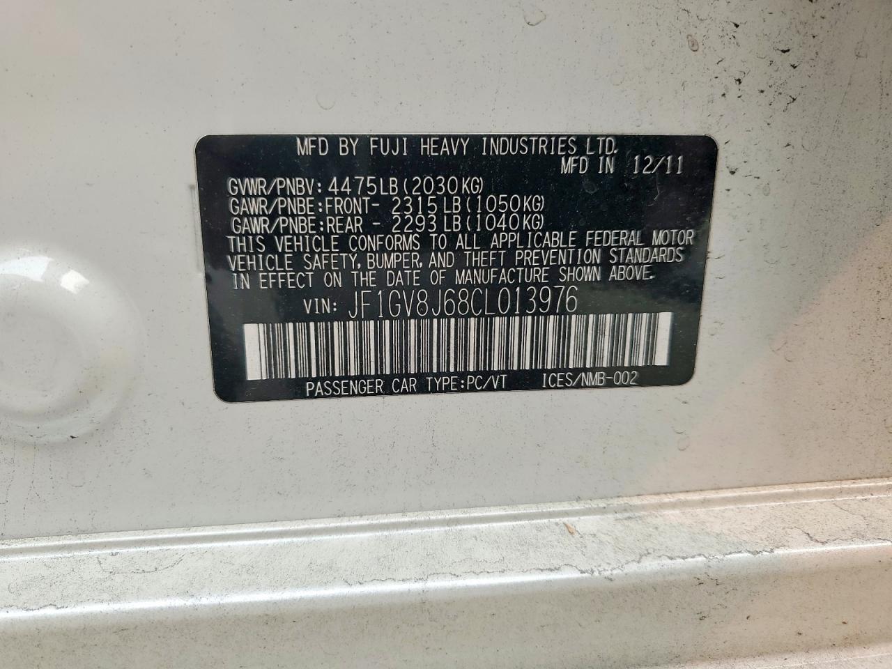 2012 Subaru Impreza Wrx Sti White vin: JF1GV8J68CL013976
