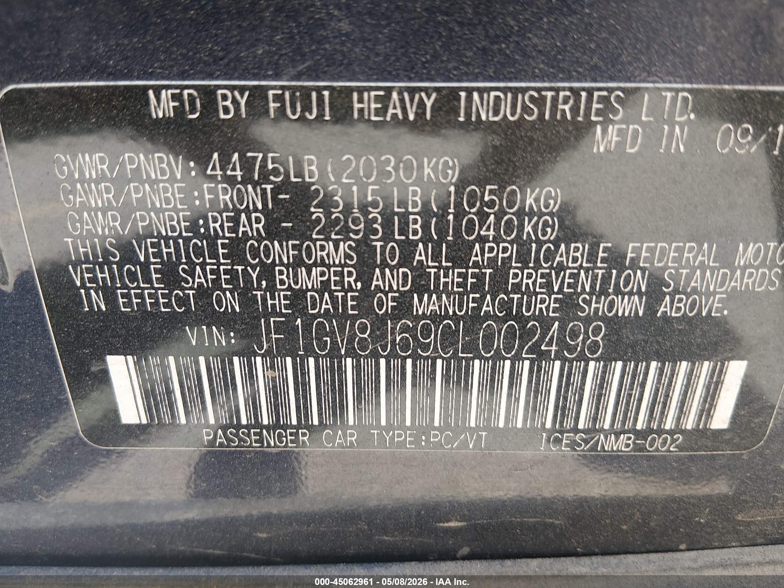 2012 Subaru Impreza Wrx Sti   Blue vin: JF1GV8J69CL002498