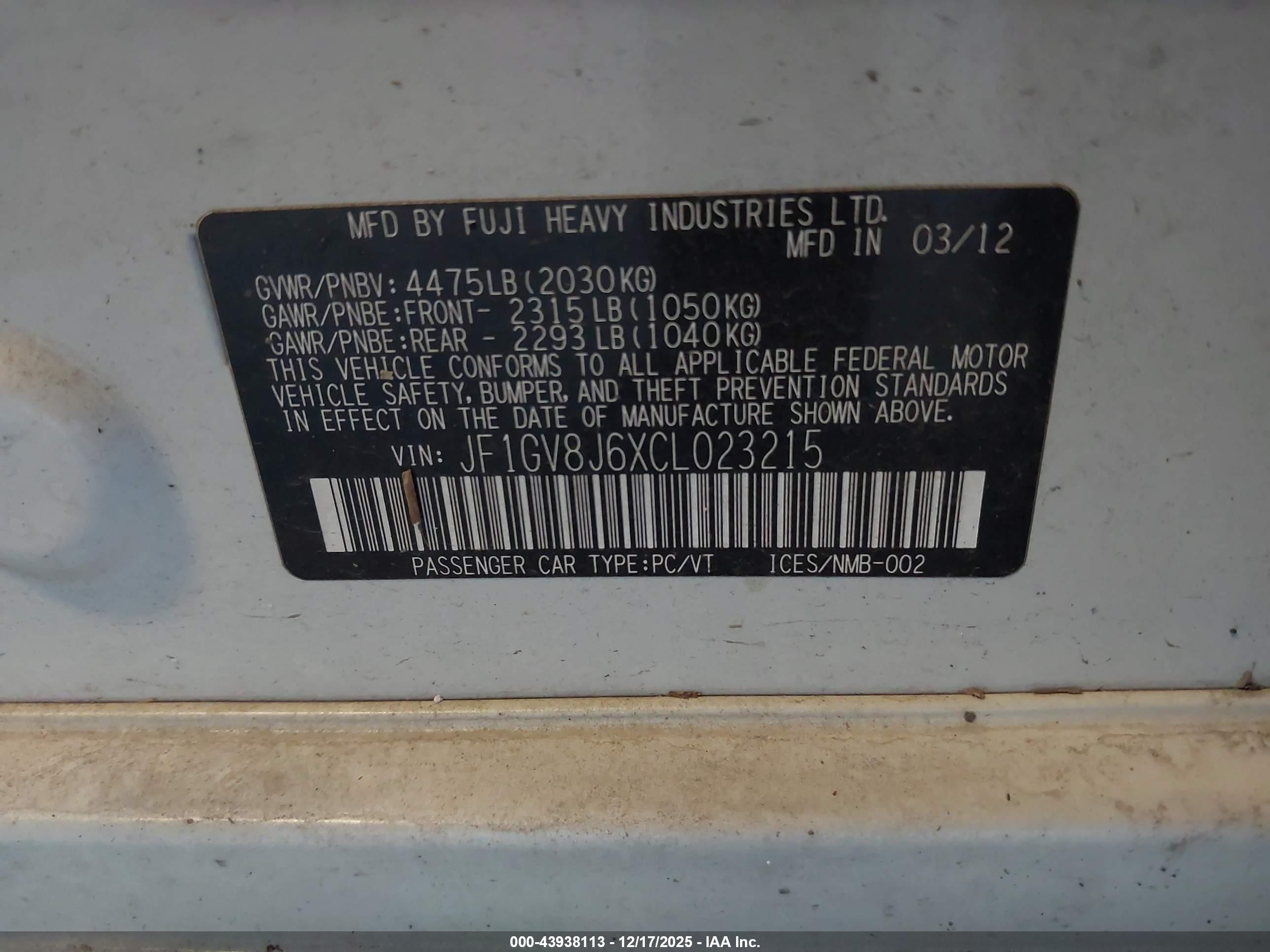 2012 Subaru Impreza Wrx   White vin: JF1GV8J6XCL023215