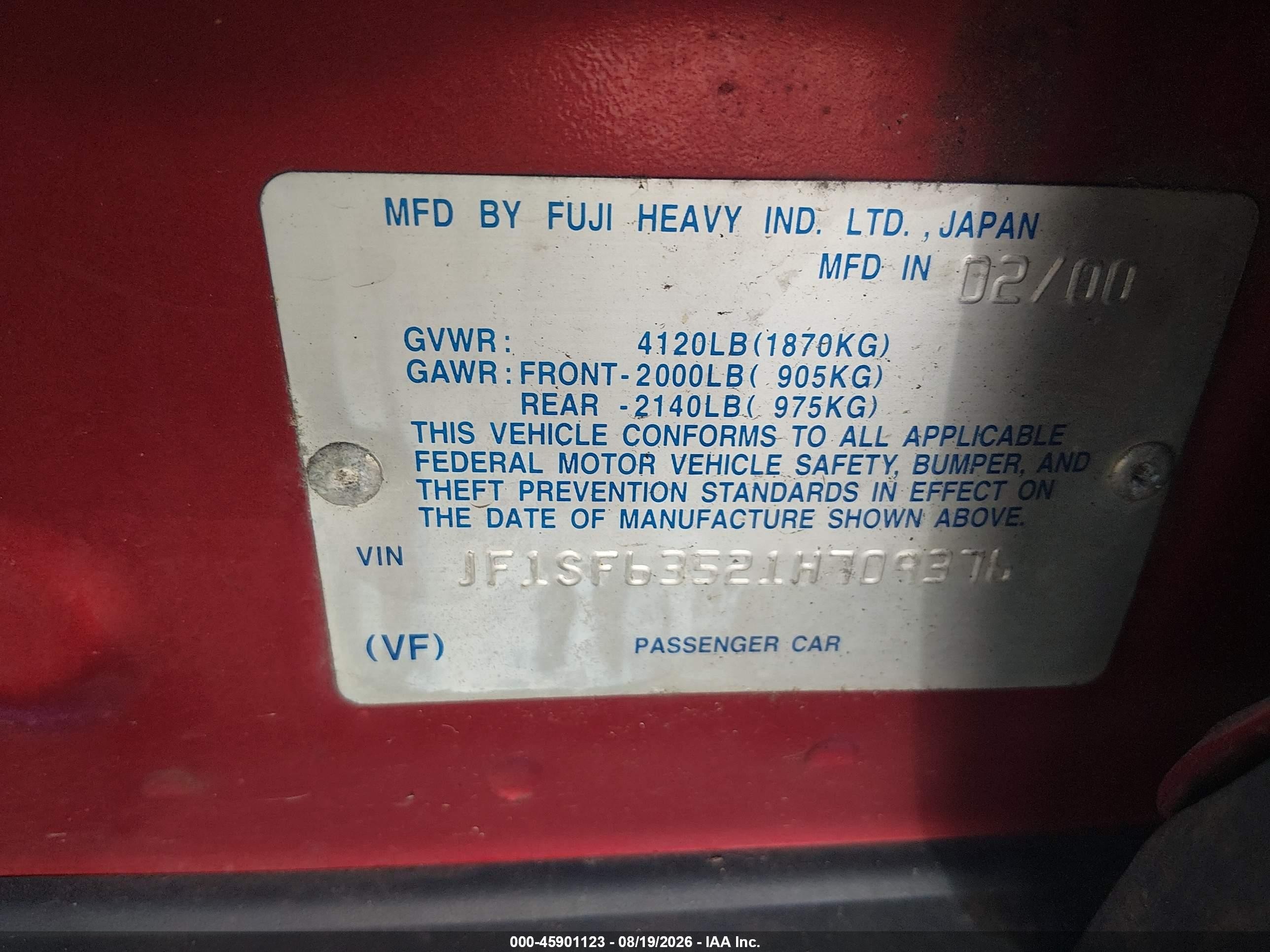 2001 Subaru Forester L Red vin: JF1SF63521H709376