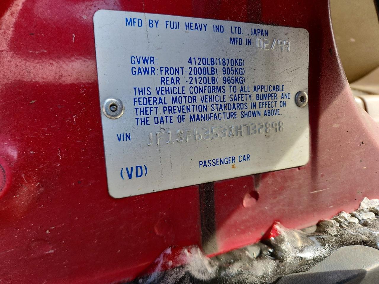 1999 Subaru Forester L Red vin: JF1SF6353XH732898