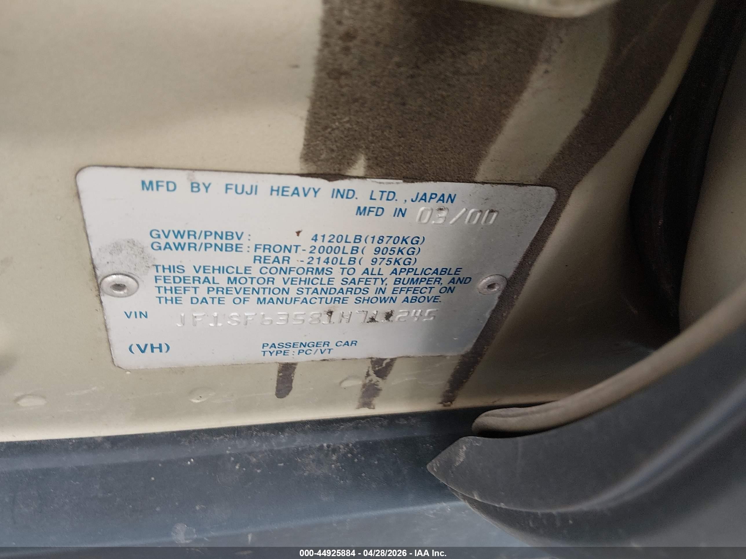2001 Subaru Forester L Green vin: JF1SF63581H711245