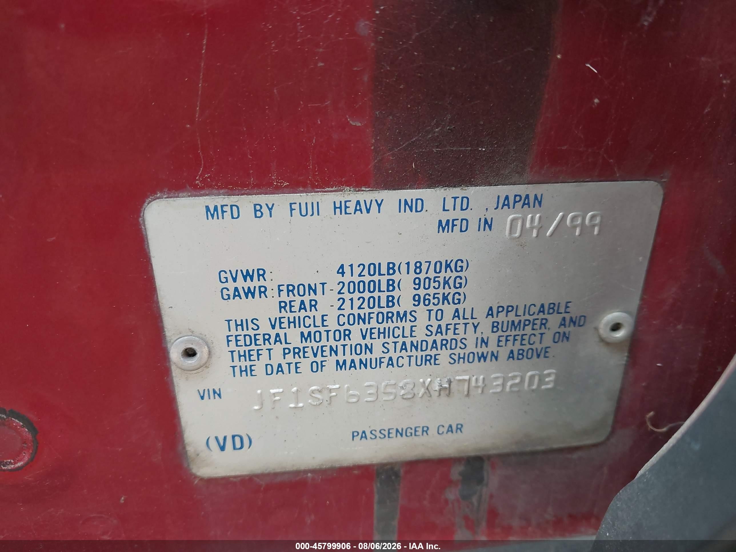 1999 Subaru Forester L Red vin: JF1SF6358XH743203