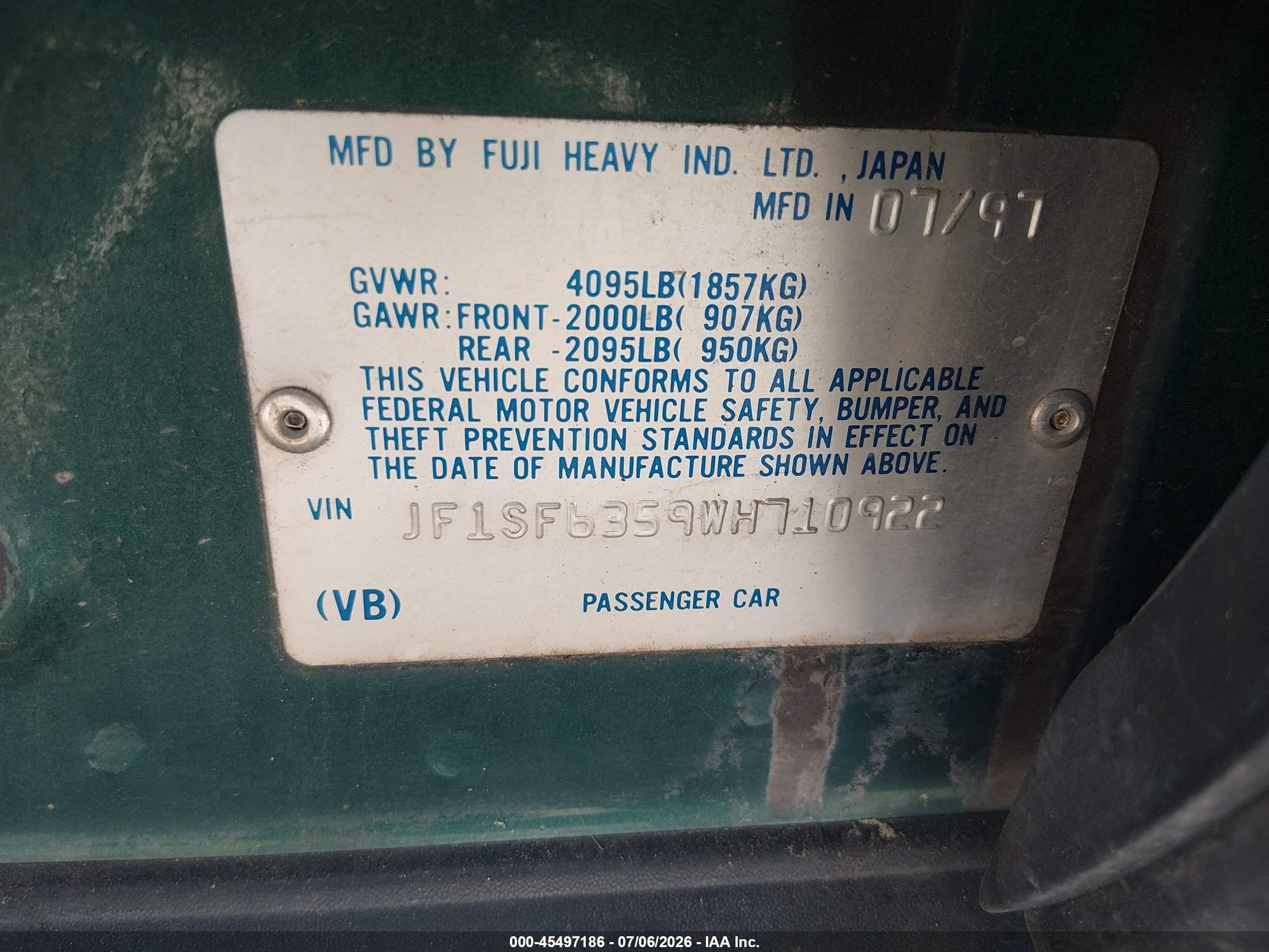 1998 Subaru Forester L Green vin: JF1SF6359WH710922